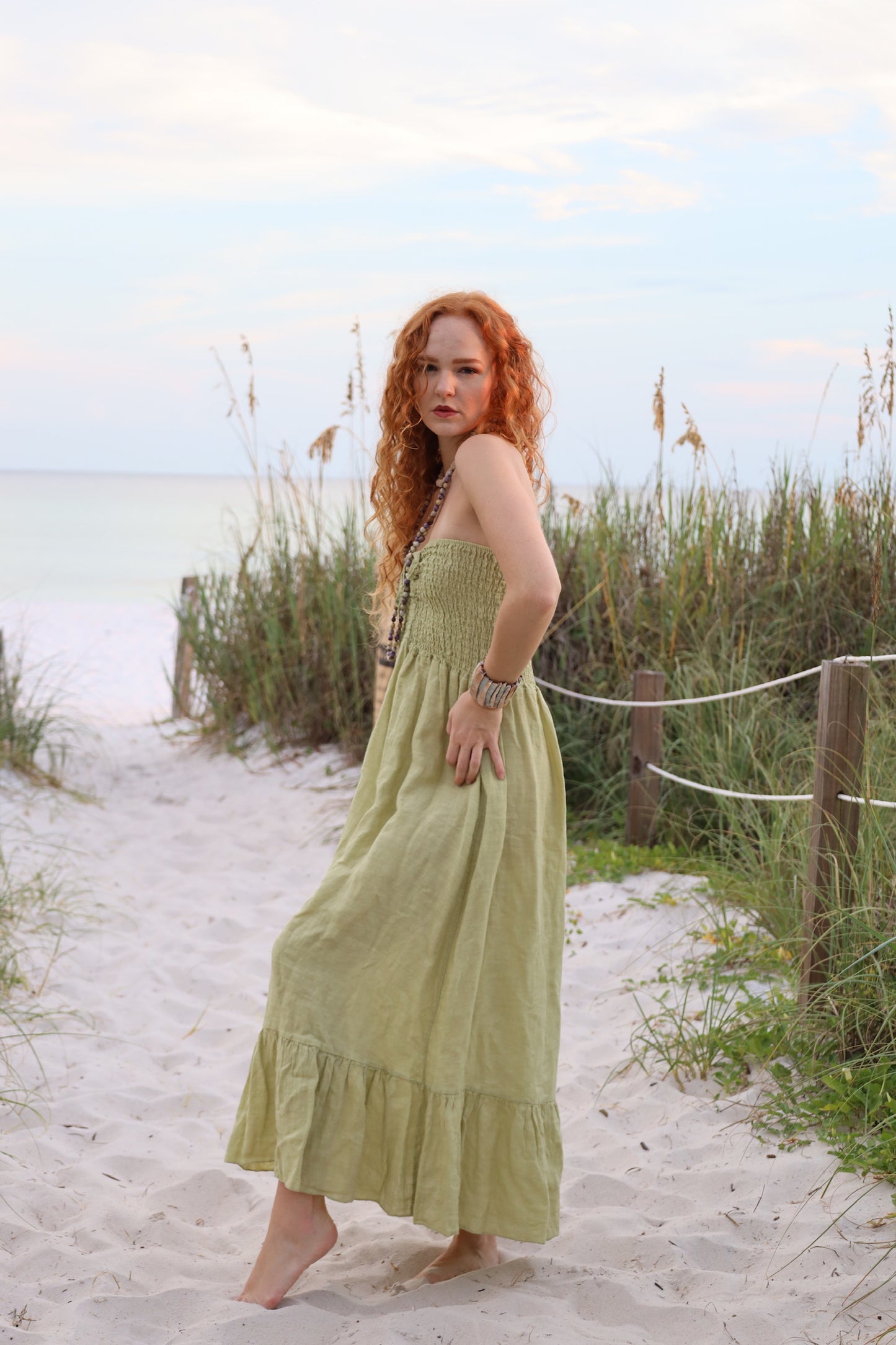 Green Linen Strapless Dress