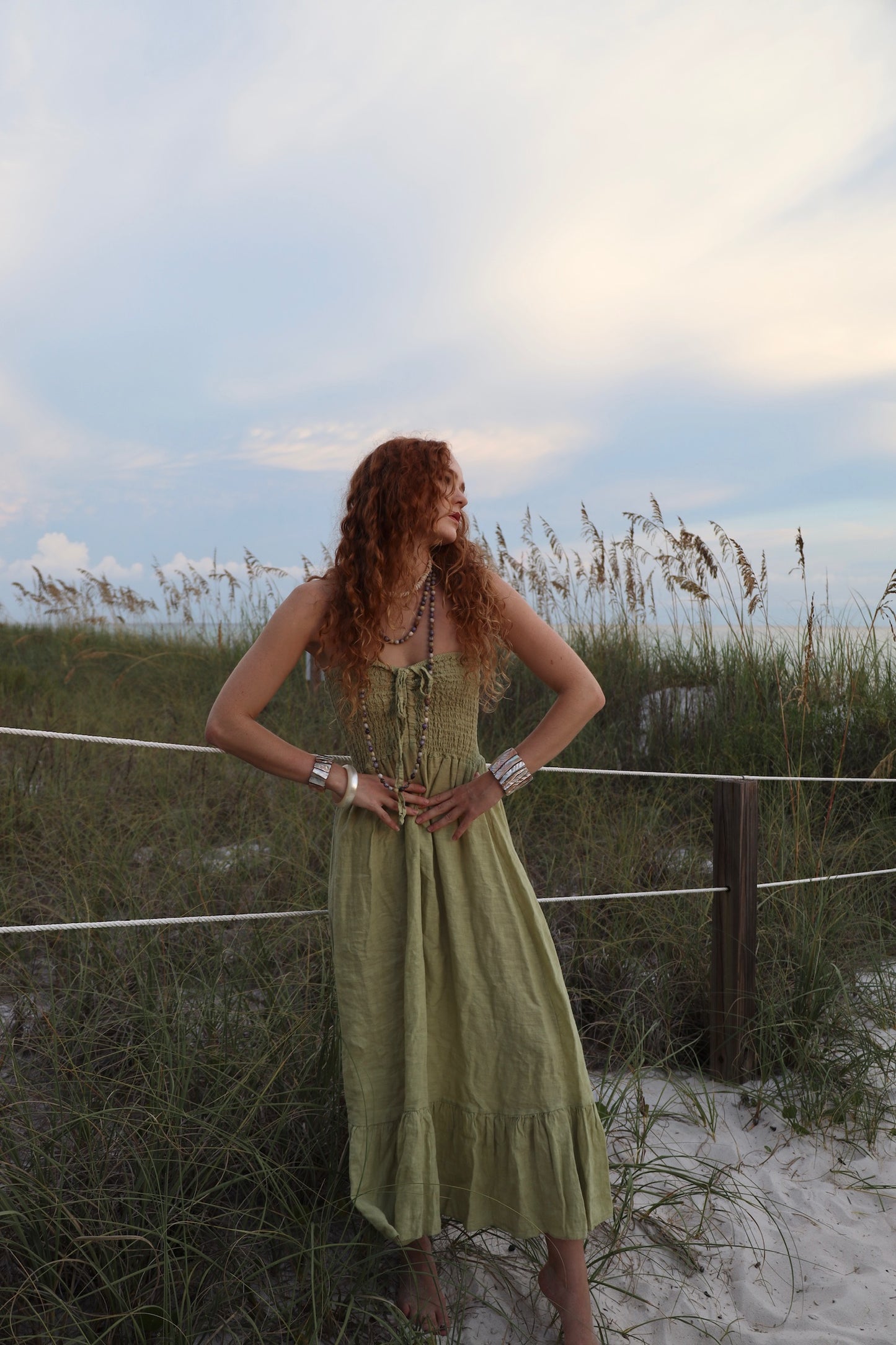 Green Linen Strapless Dress