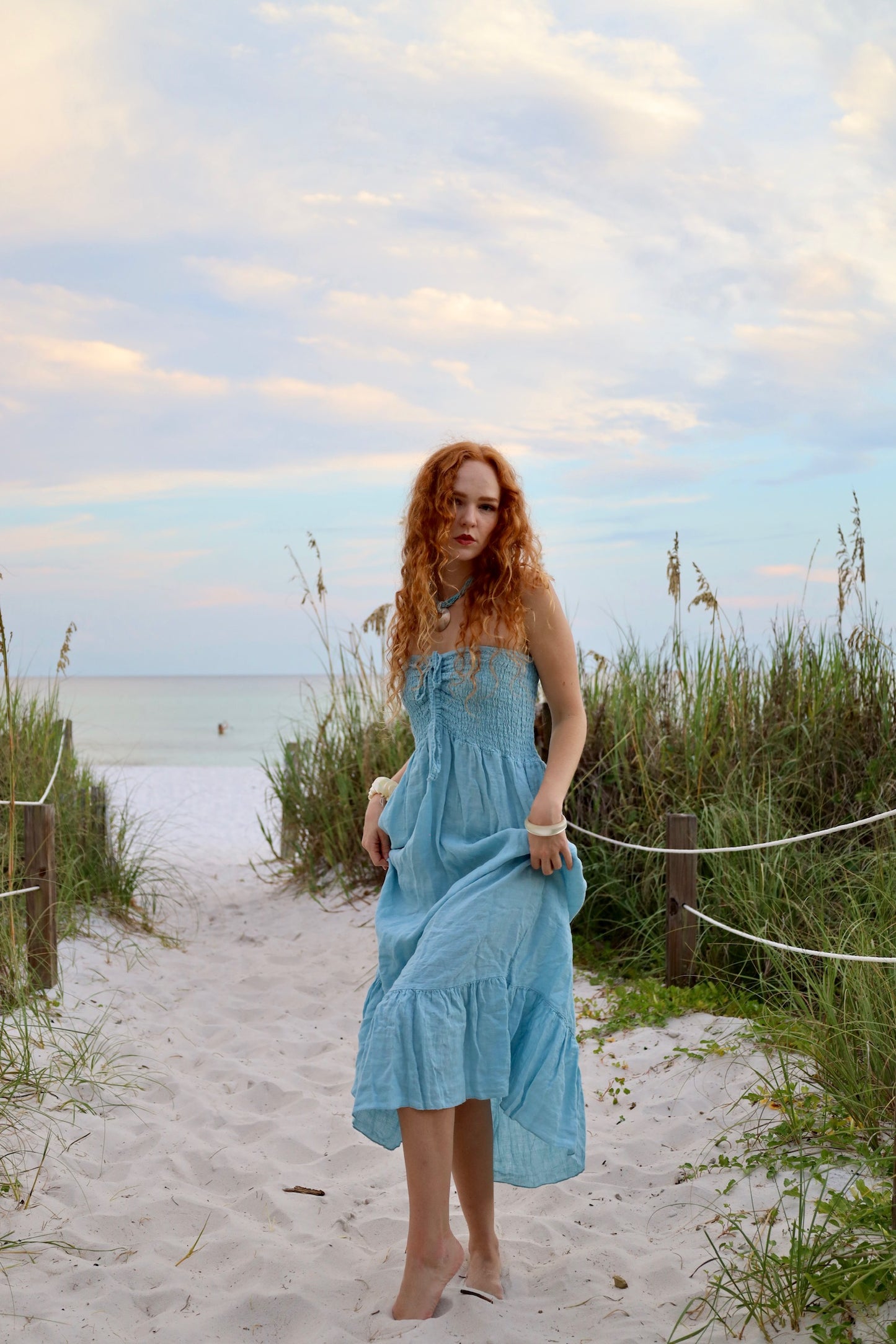Blue Linen Strapless Dress