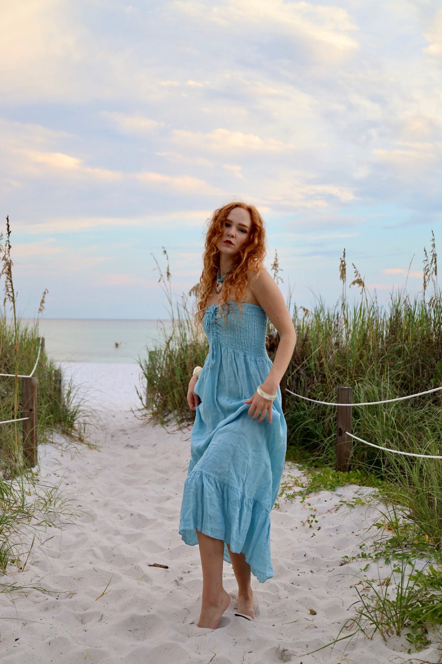 Blue Linen Strapless Dress