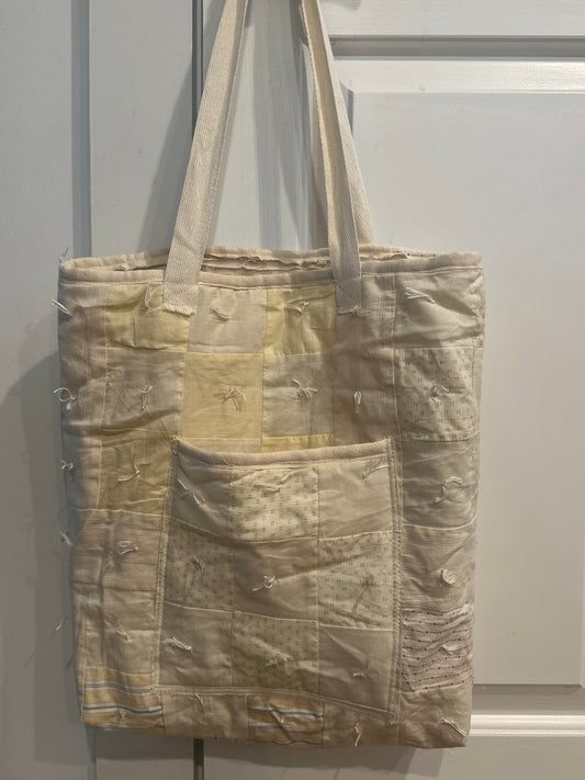 Cream Checkered Yarn Tie Quilt Tote Bag