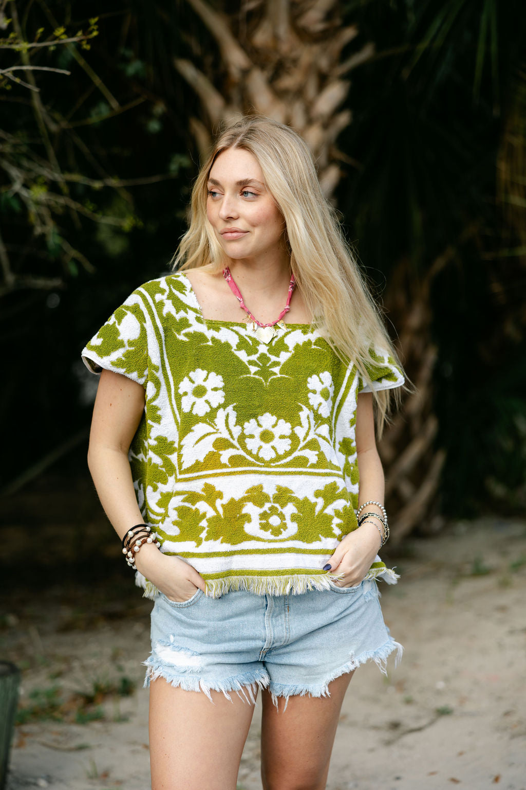 Green & White Flower Towel Top