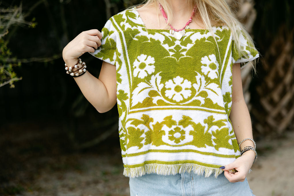 Green & White Flower Towel Top