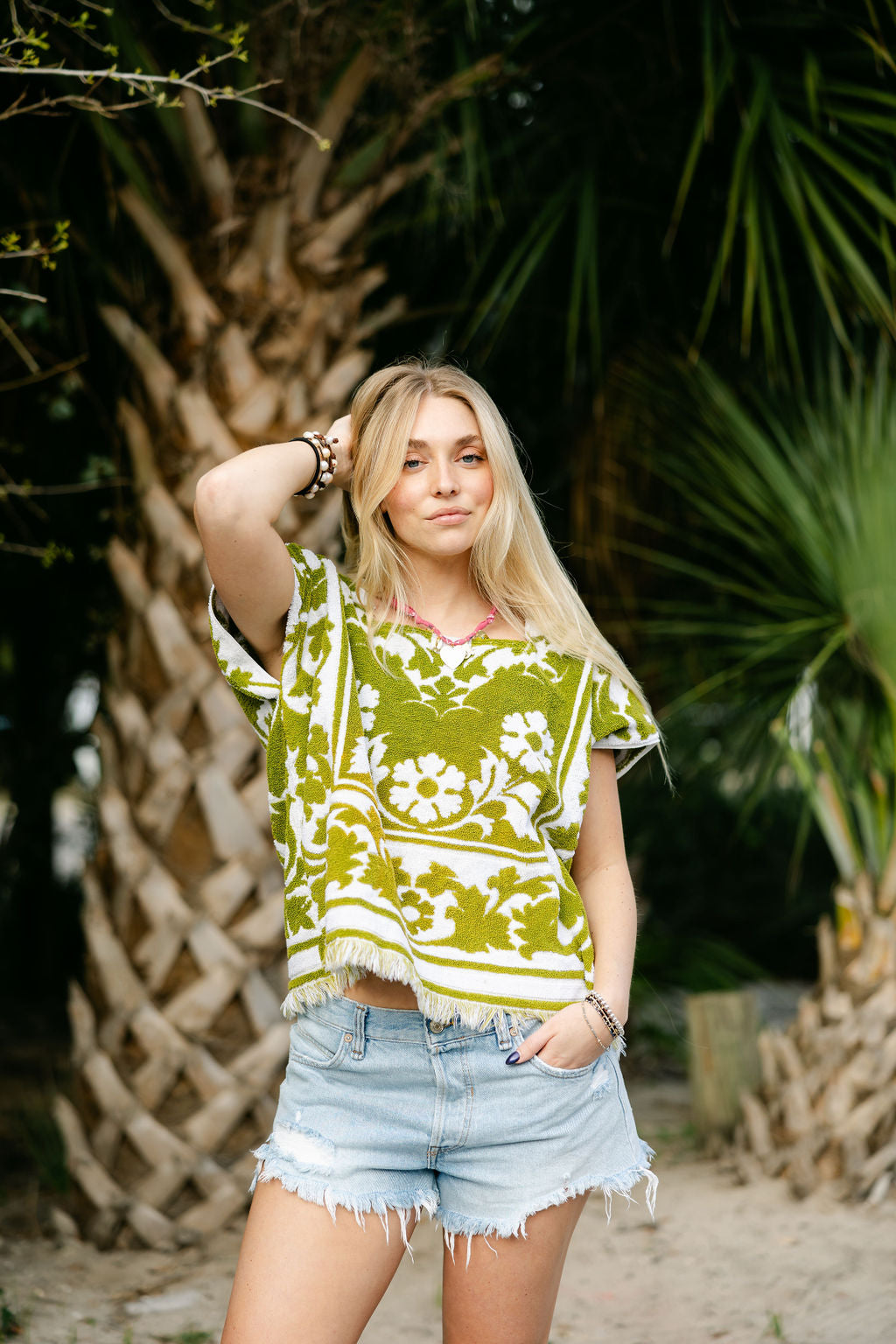 Green & White Flower Towel Top