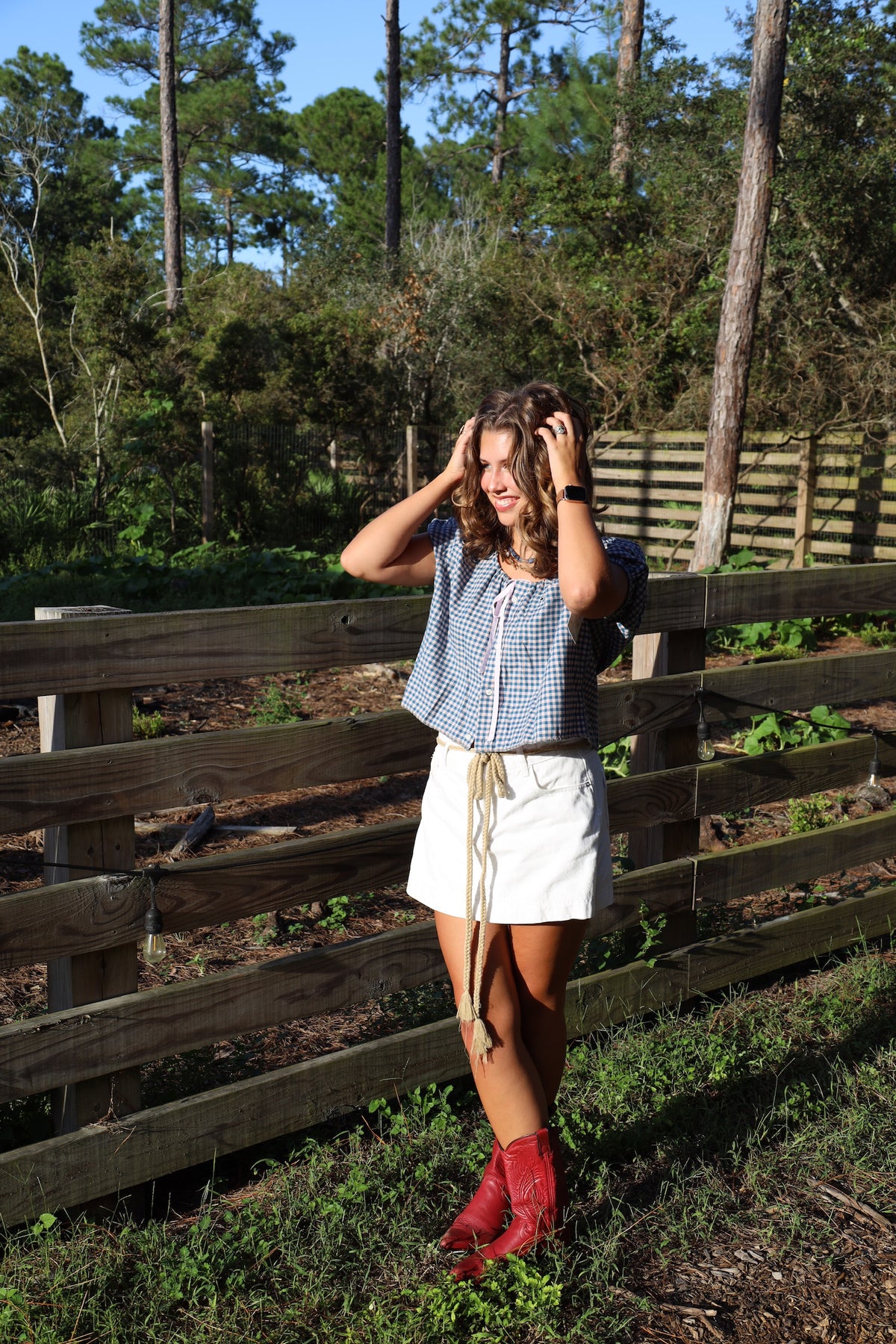 Blue Gingham Check Puff Top