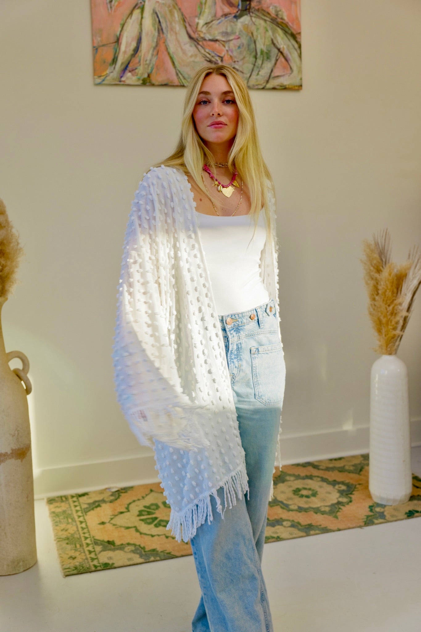 White Chenille Fringe Kimono
