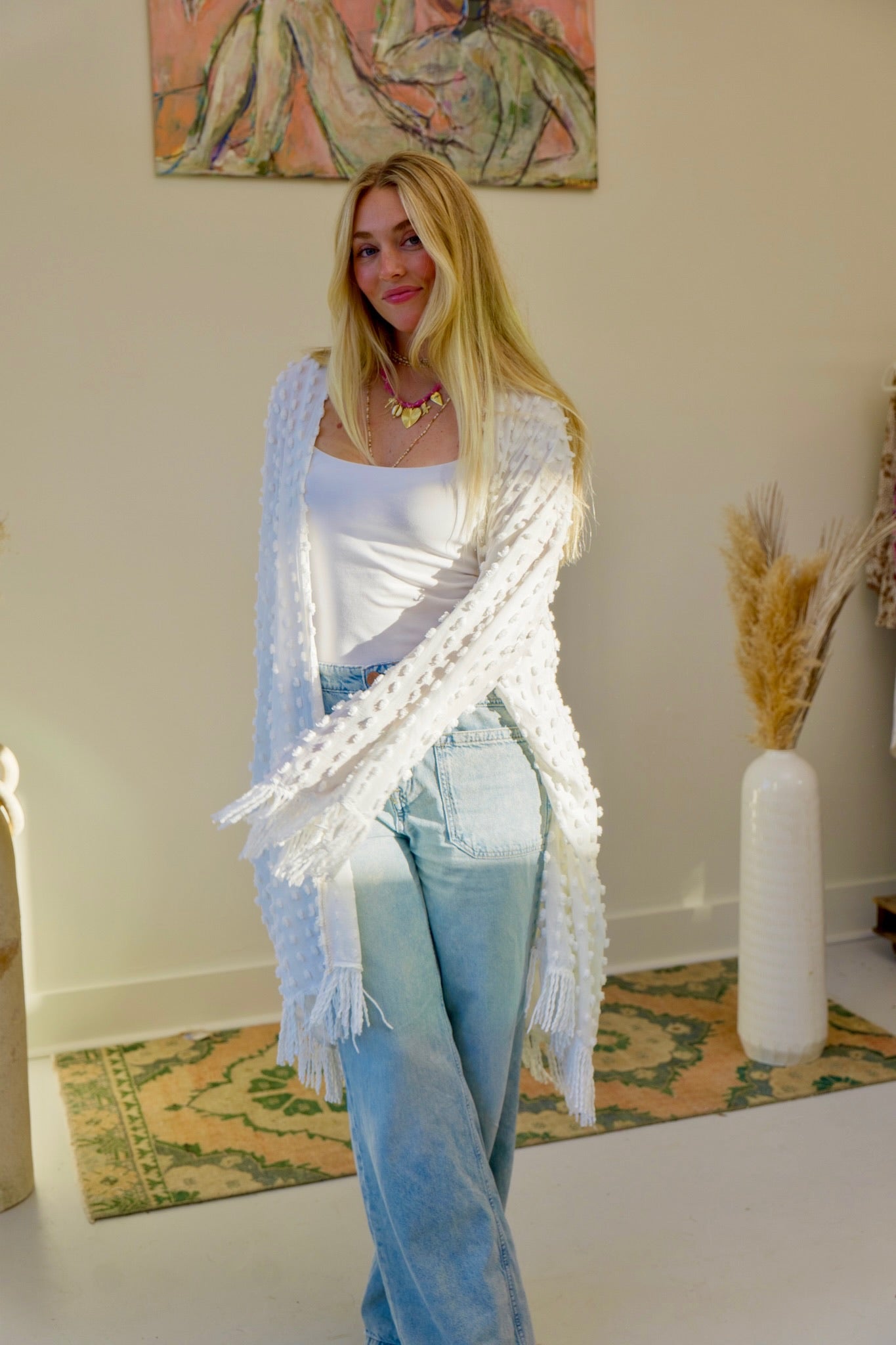 White Chenille Fringe Kimono