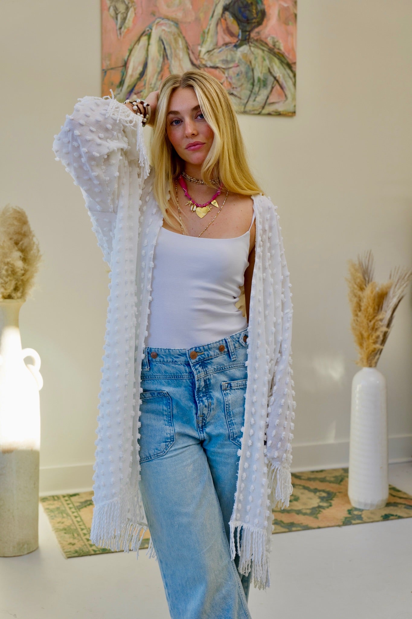 White Chenille Fringe Kimono
