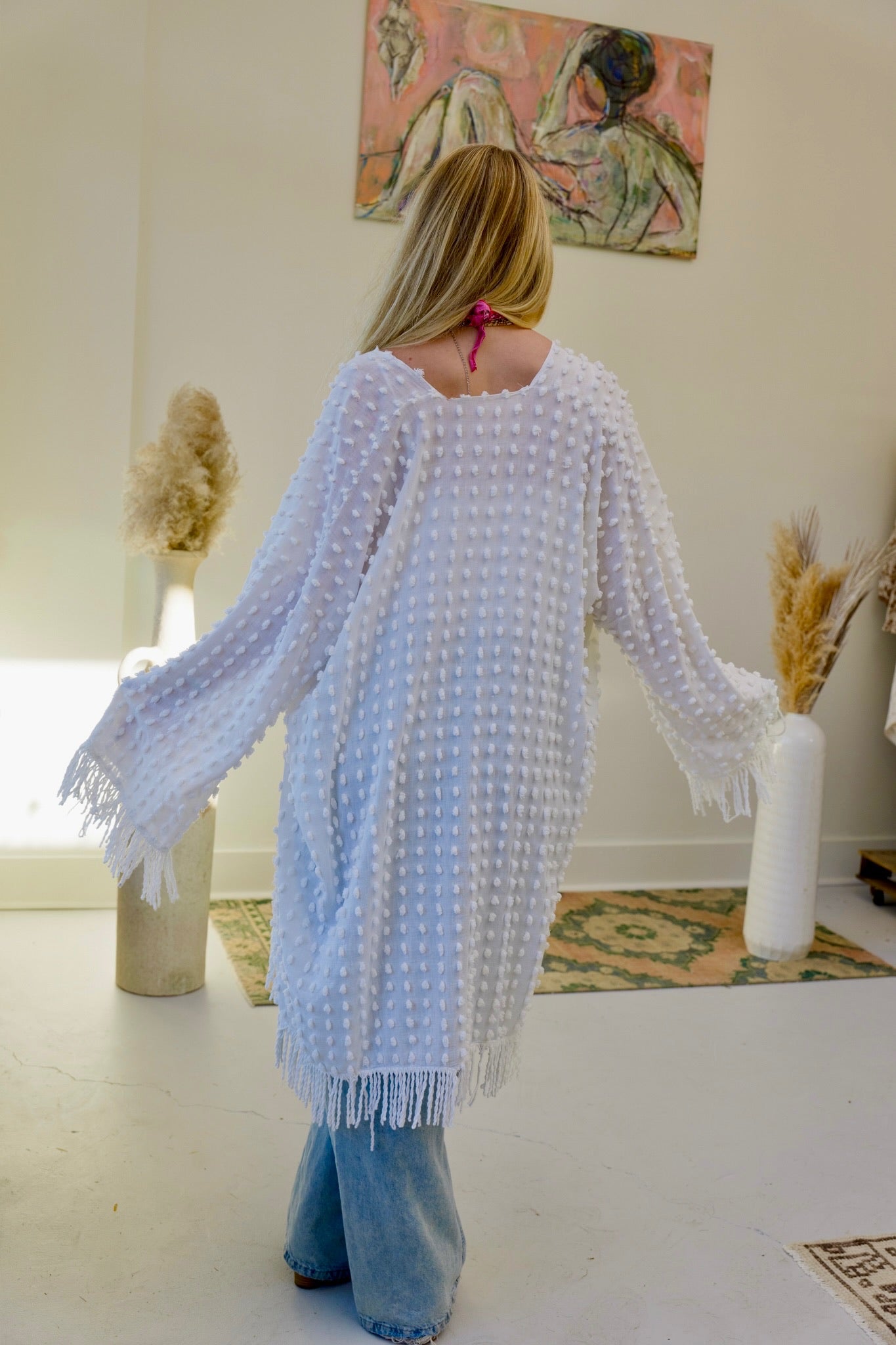 White Chenille Fringe Kimono