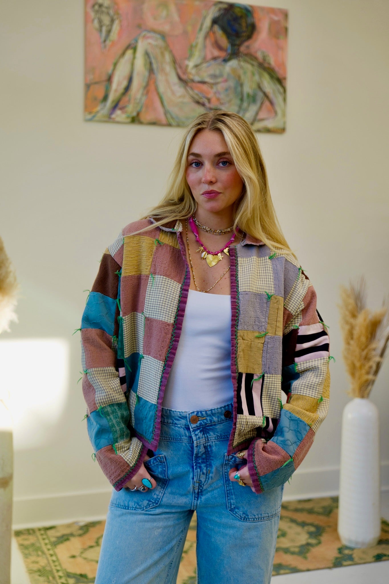 Neutral Checkered Short Quilt Coat