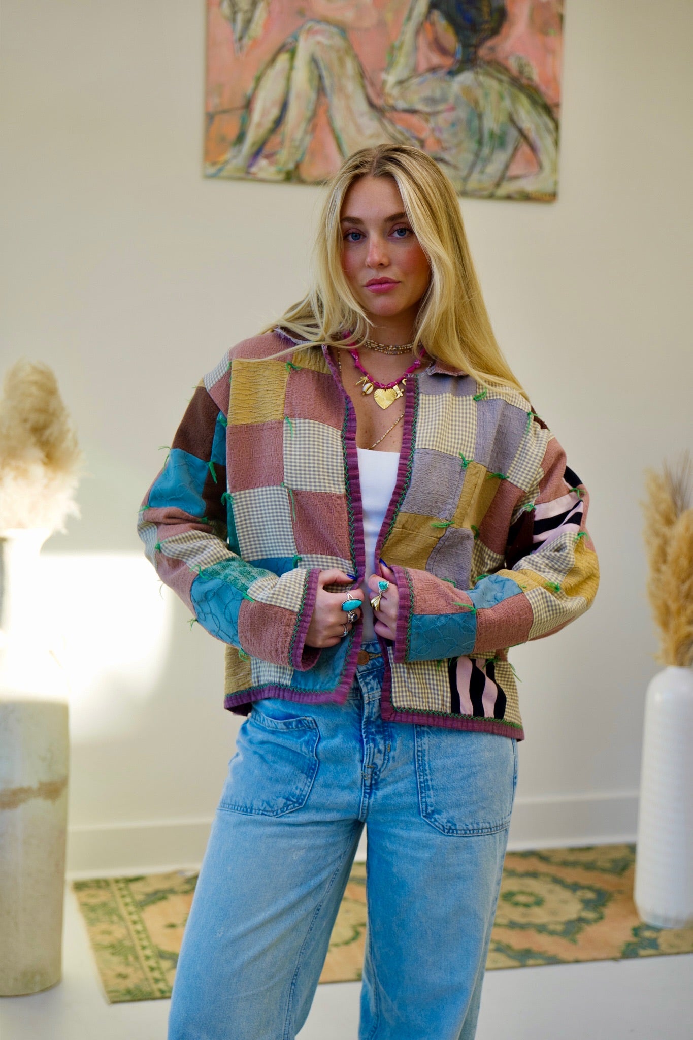 Neutral Checkered Short Quilt Coat