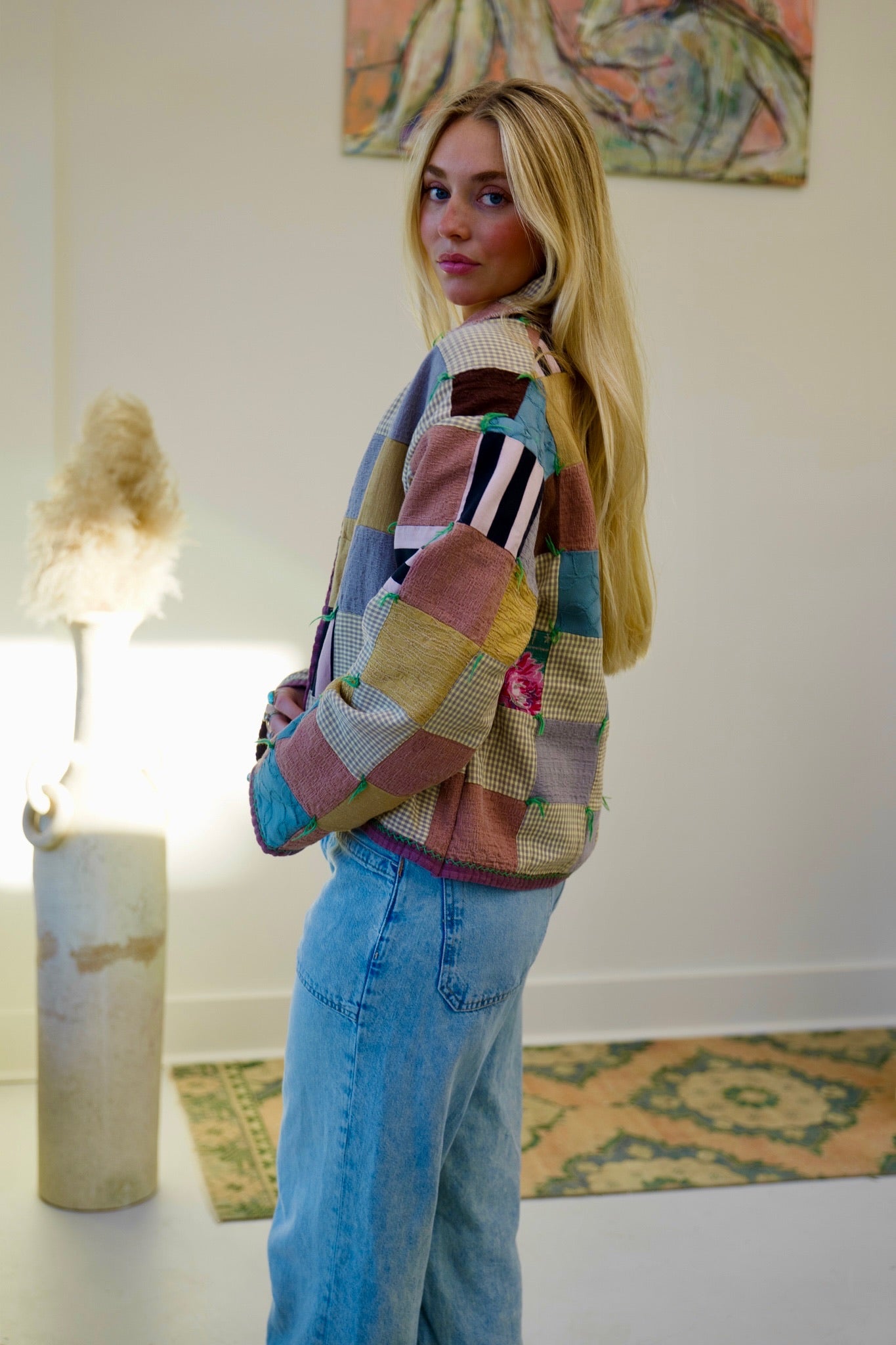 Neutral Checkered Short Quilt Coat