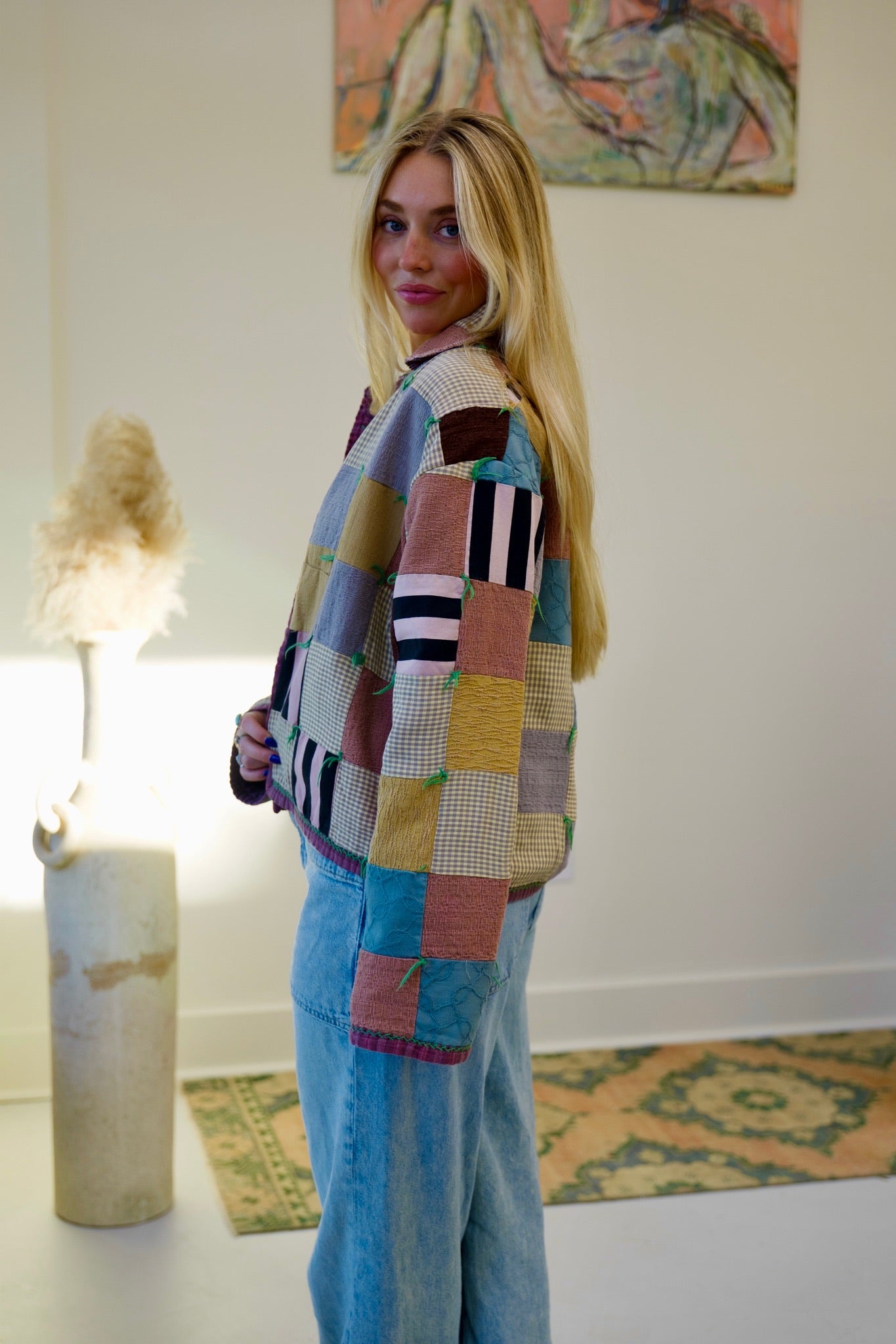 Neutral Checkered Short Quilt Coat