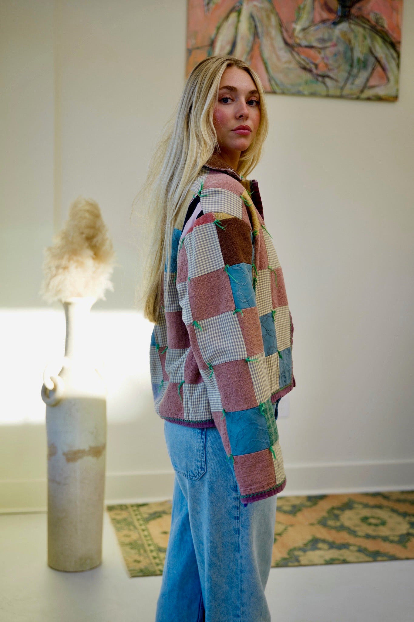 Neutral Checkered Short Quilt Coat
