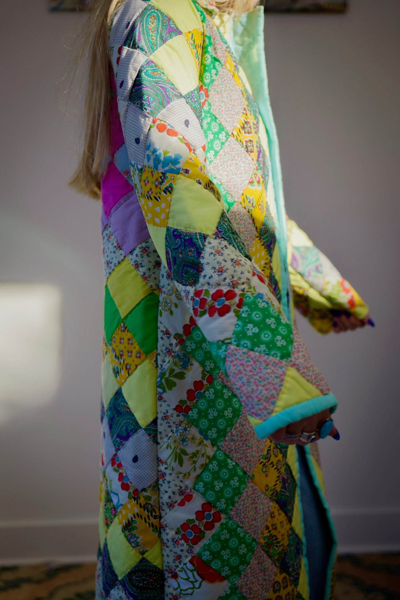 Seafoam & Yellow Long Quilt Coat