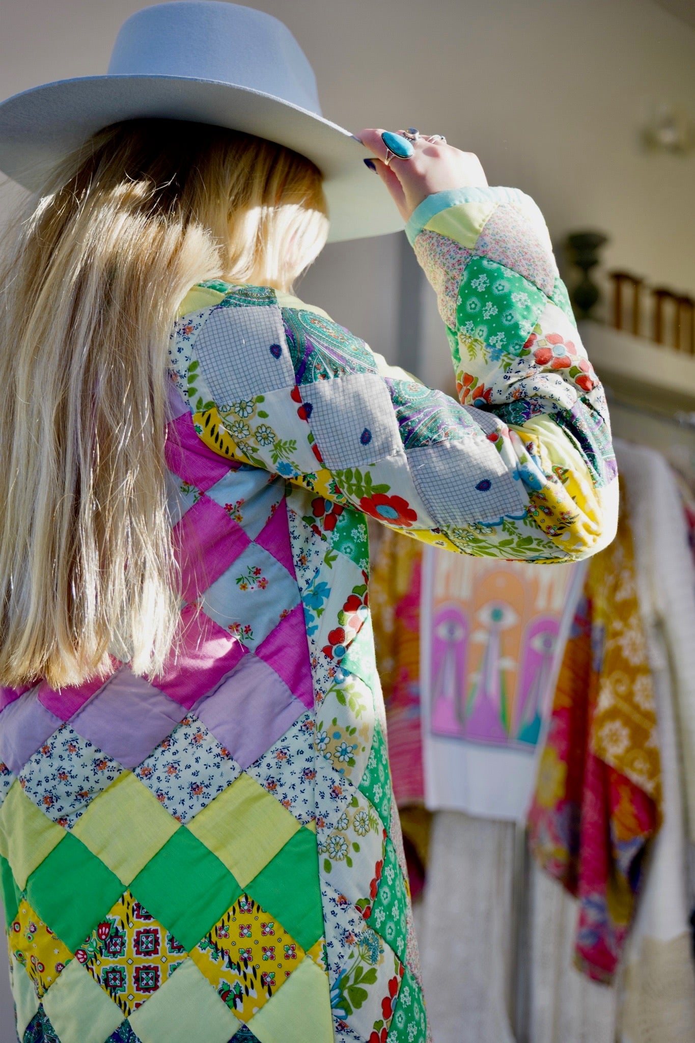 Seafoam & Yellow Long Quilt Coat