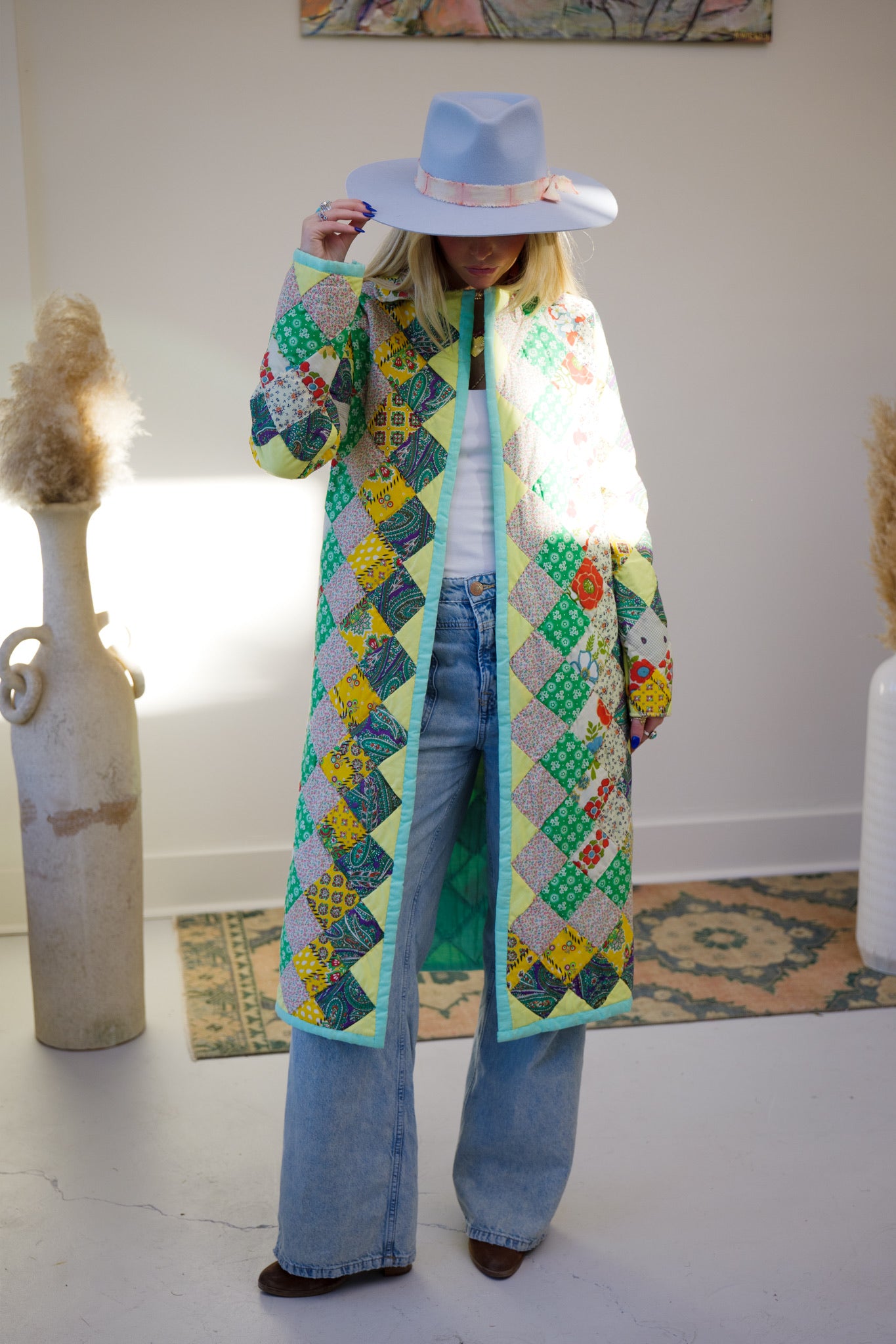 Seafoam & Yellow Long Quilt Coat
