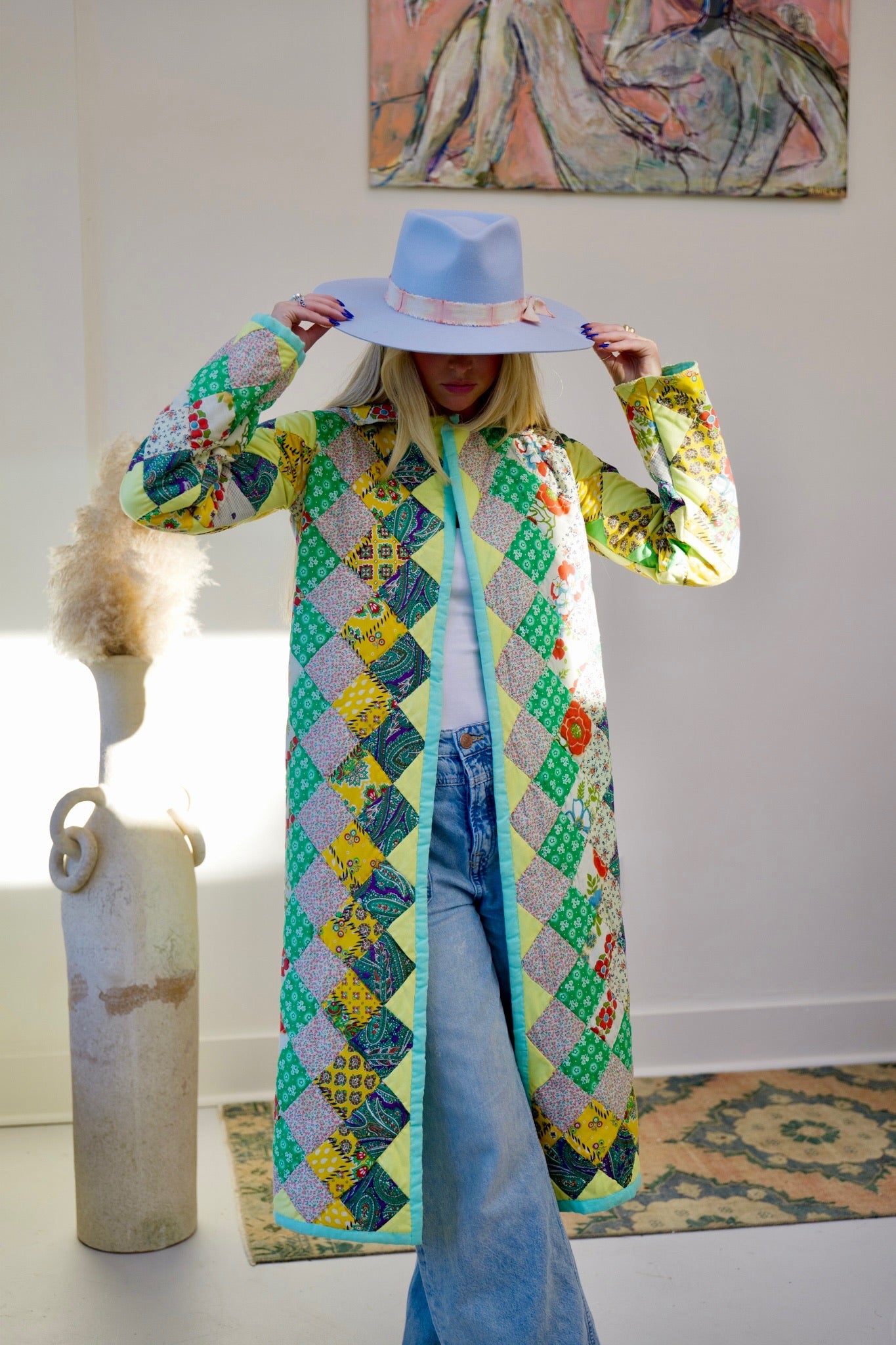 Seafoam & Yellow Long Quilt Coat