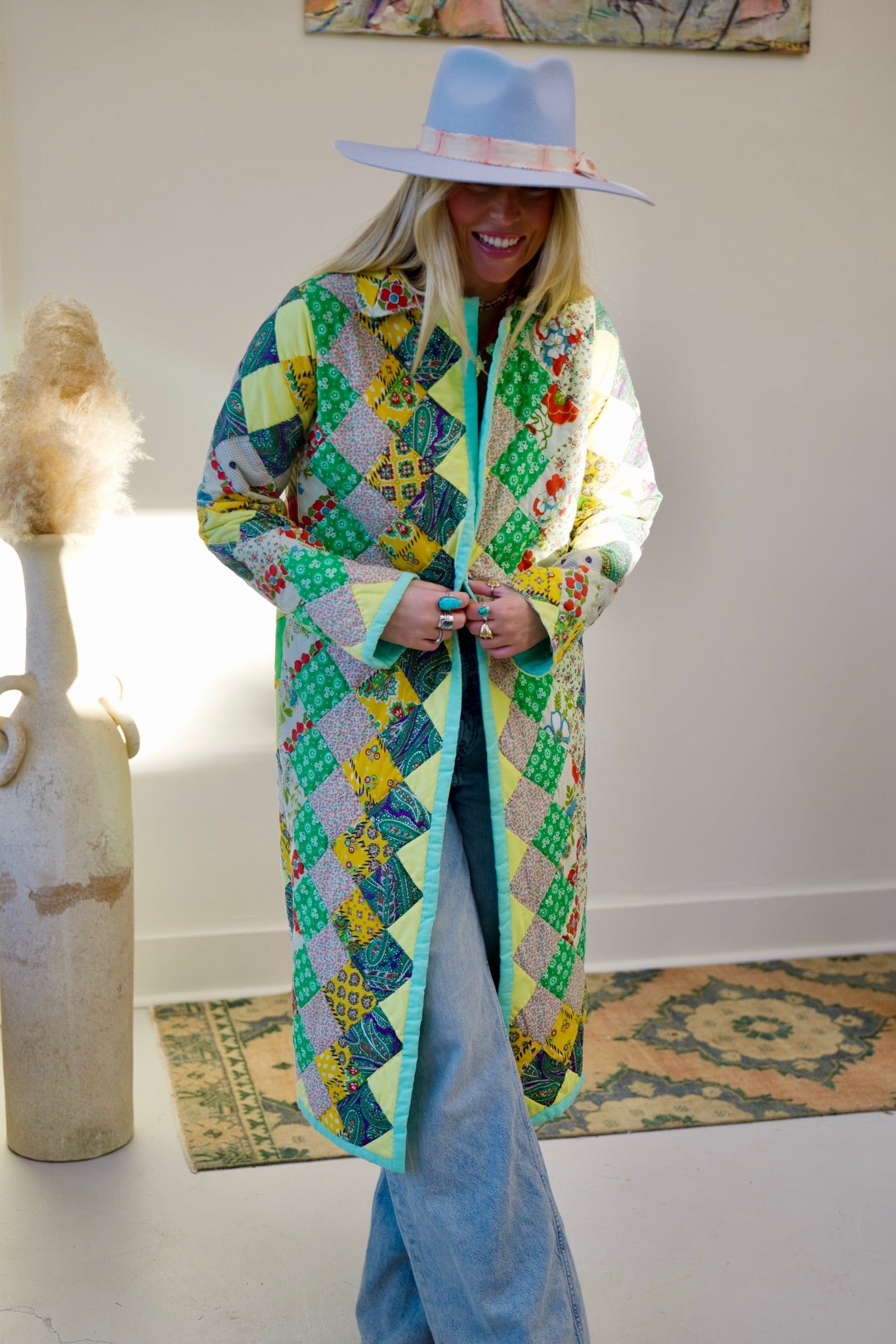 Seafoam & Yellow Long Quilt Coat