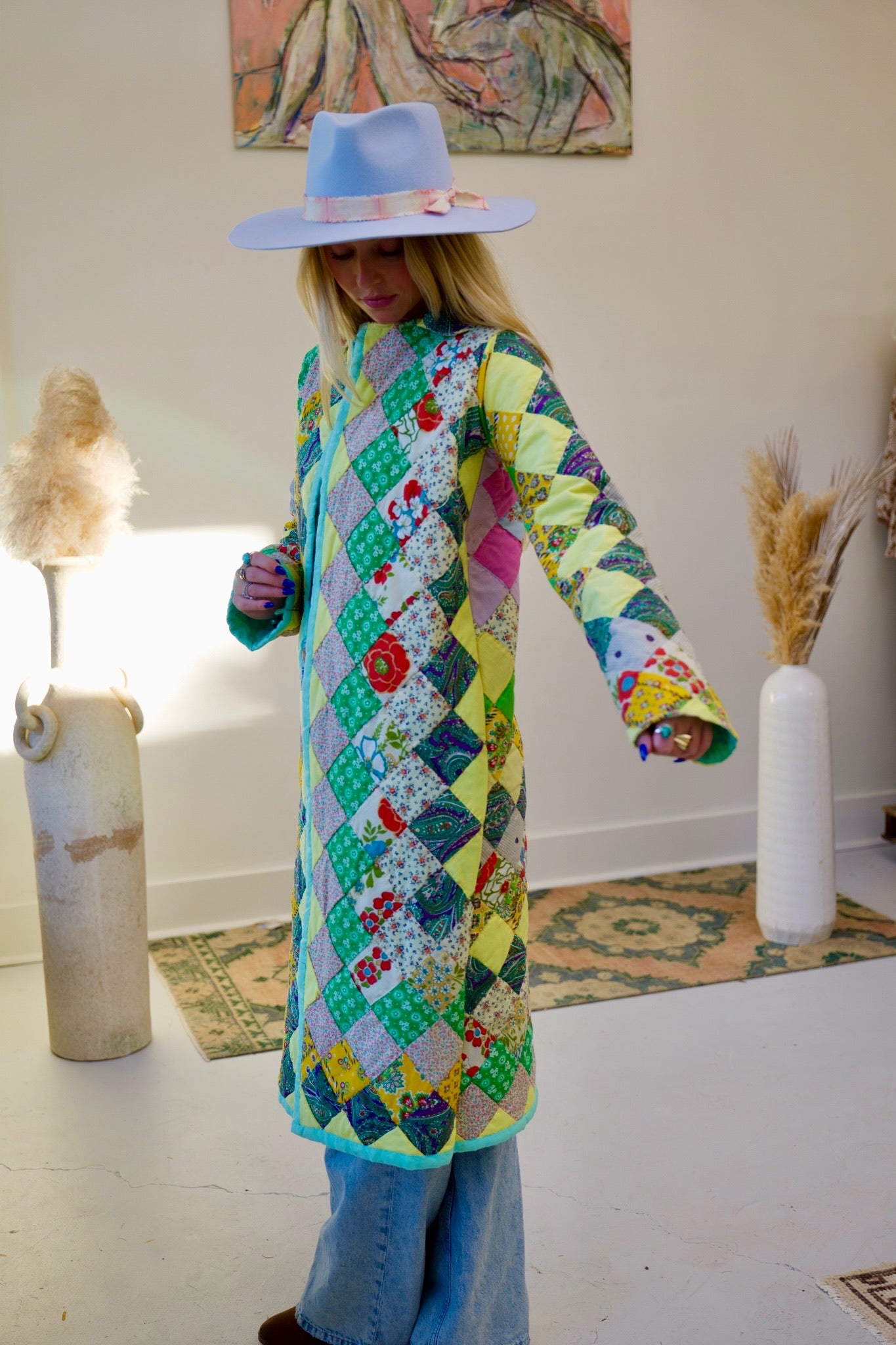 Seafoam & Yellow Long Quilt Coat