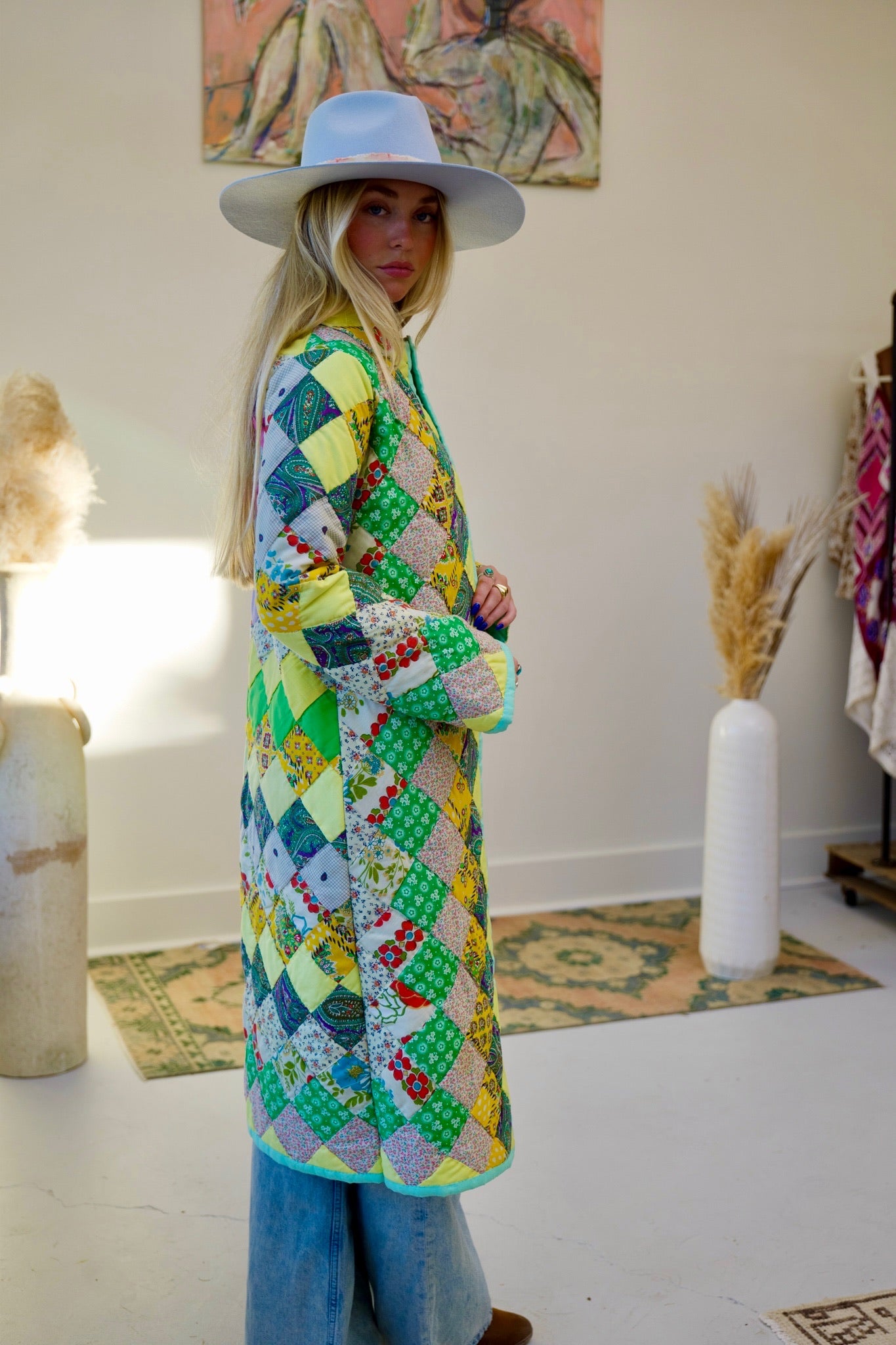 Seafoam & Yellow Long Quilt Coat