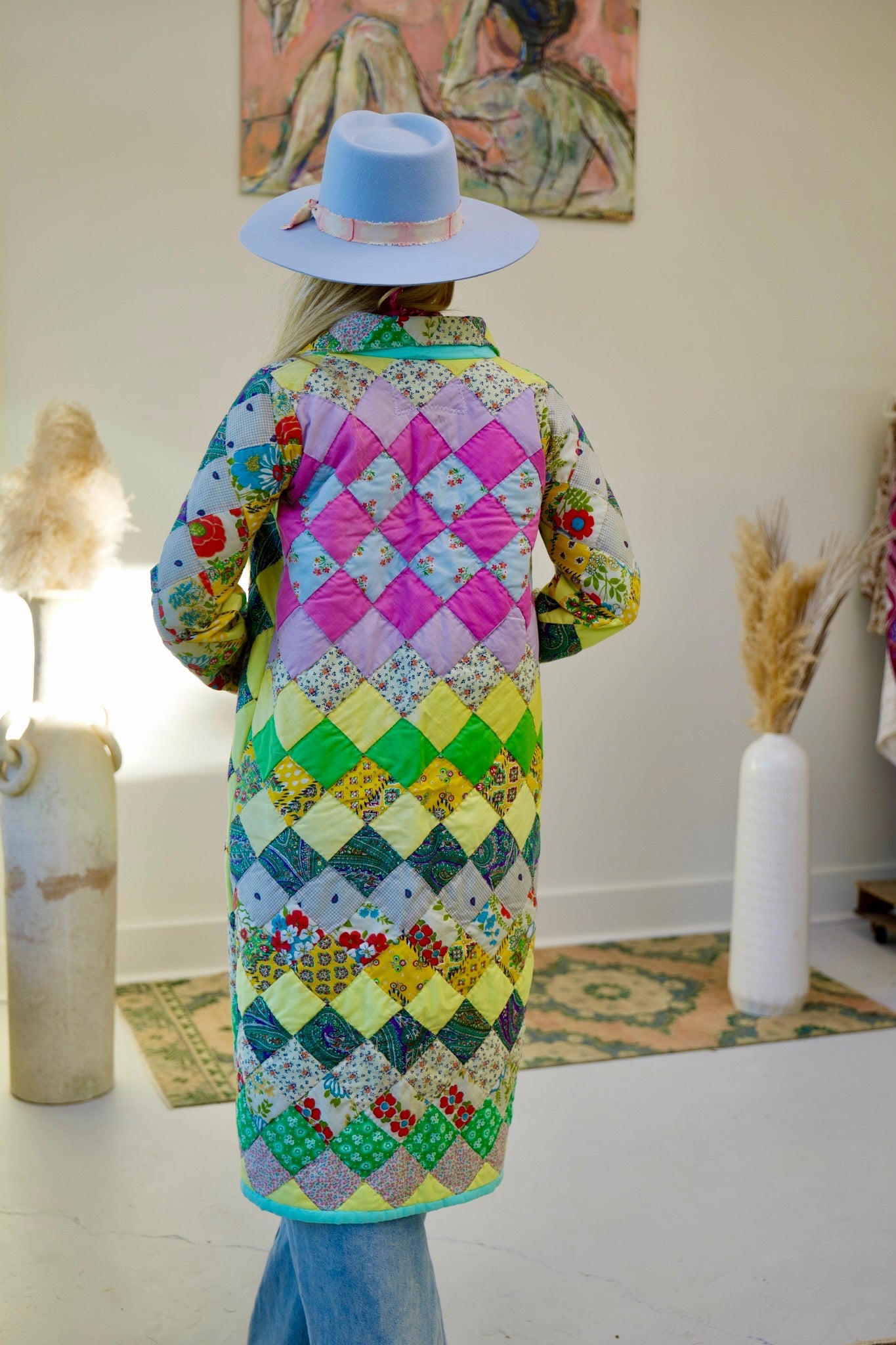 Seafoam & Yellow Long Quilt Coat
