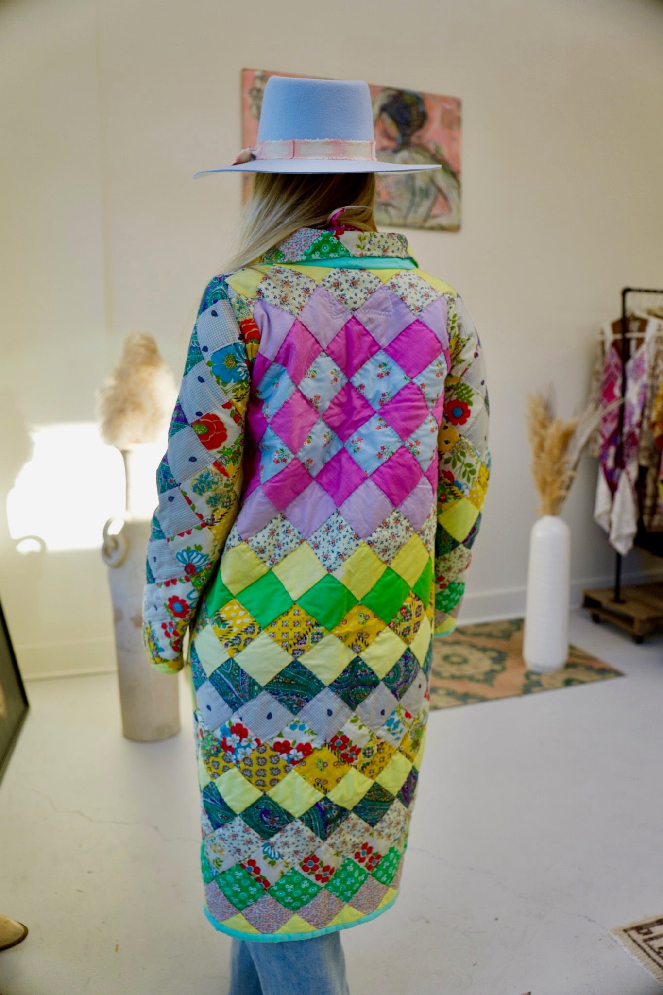 Seafoam & Yellow Long Quilt Coat
