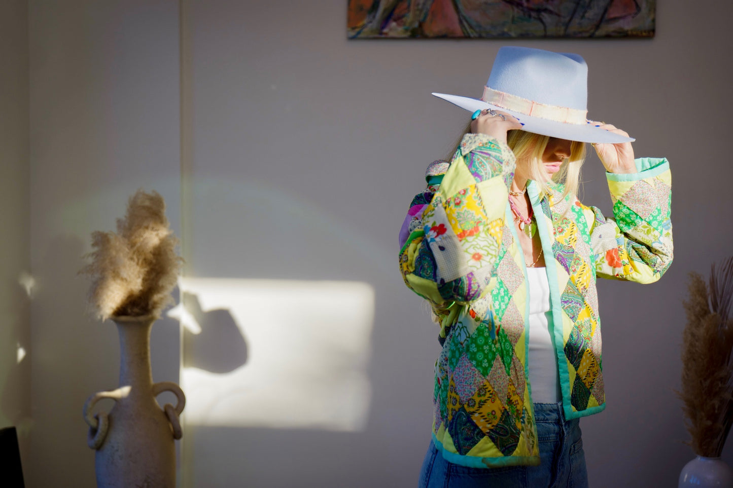 Seafoam & Yellow Checkered Short Quilt Coat