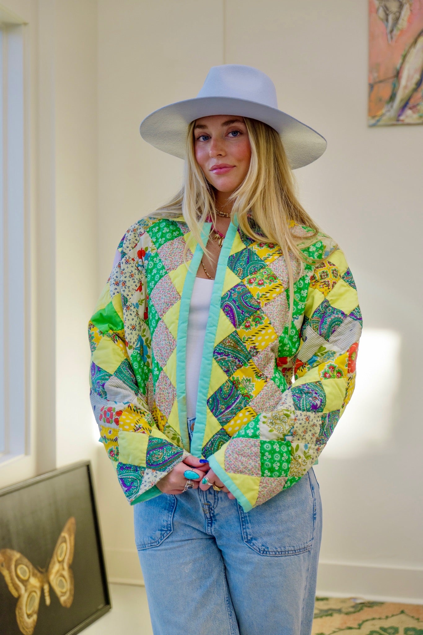 Seafoam & Yellow Checkered Short Quilt Coat