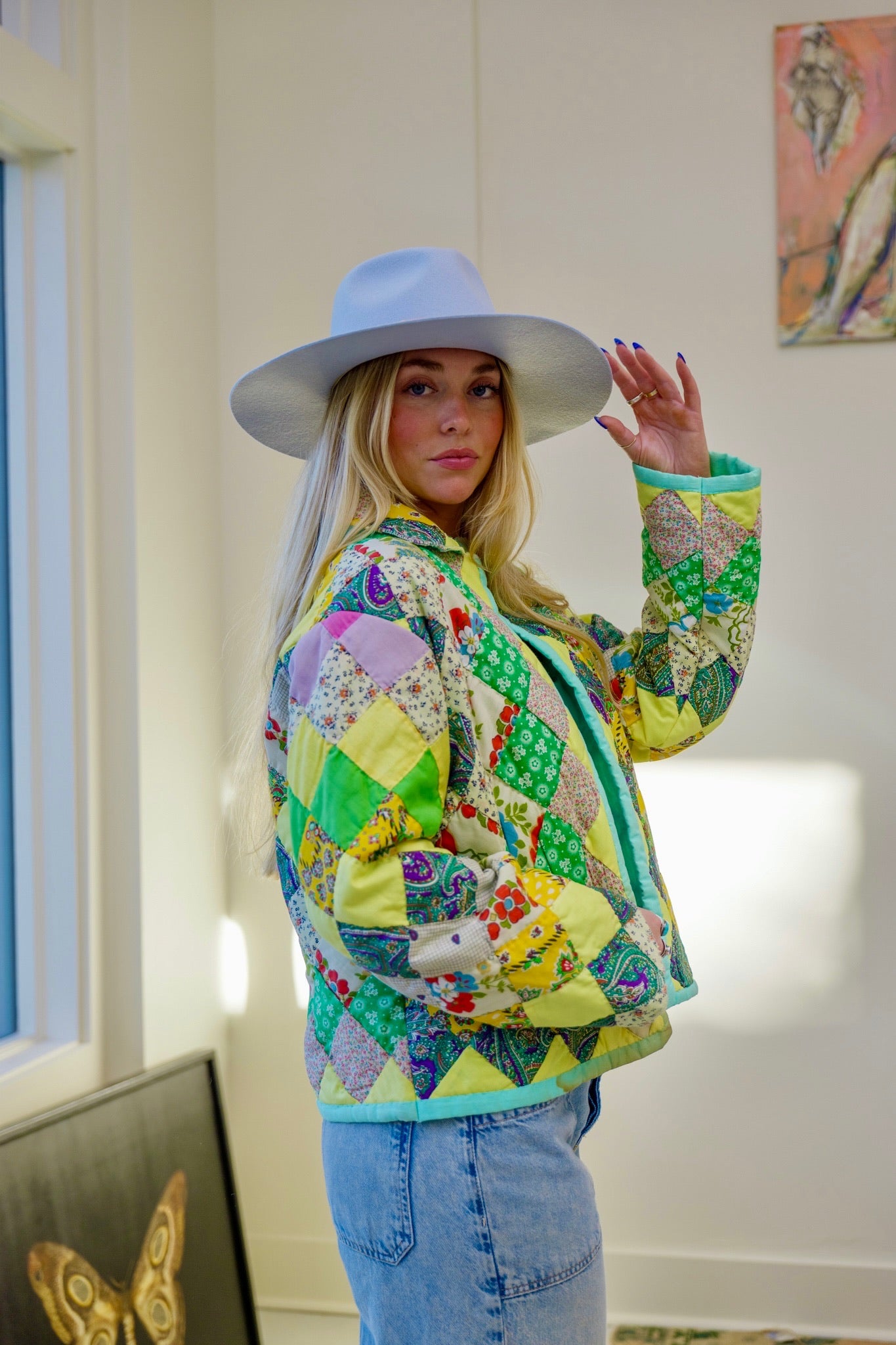 Seafoam & Yellow Checkered Short Quilt Coat