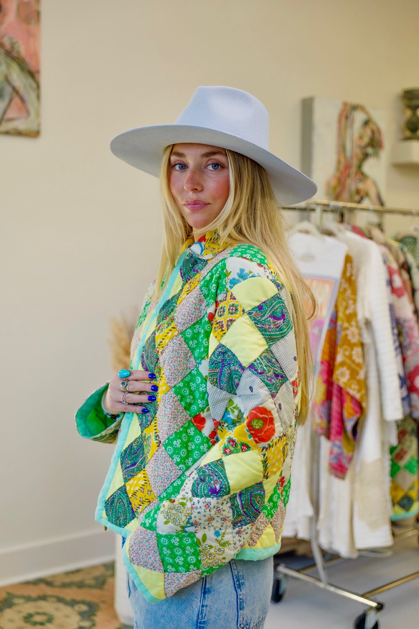 Seafoam & Yellow Checkered Short Quilt Coat