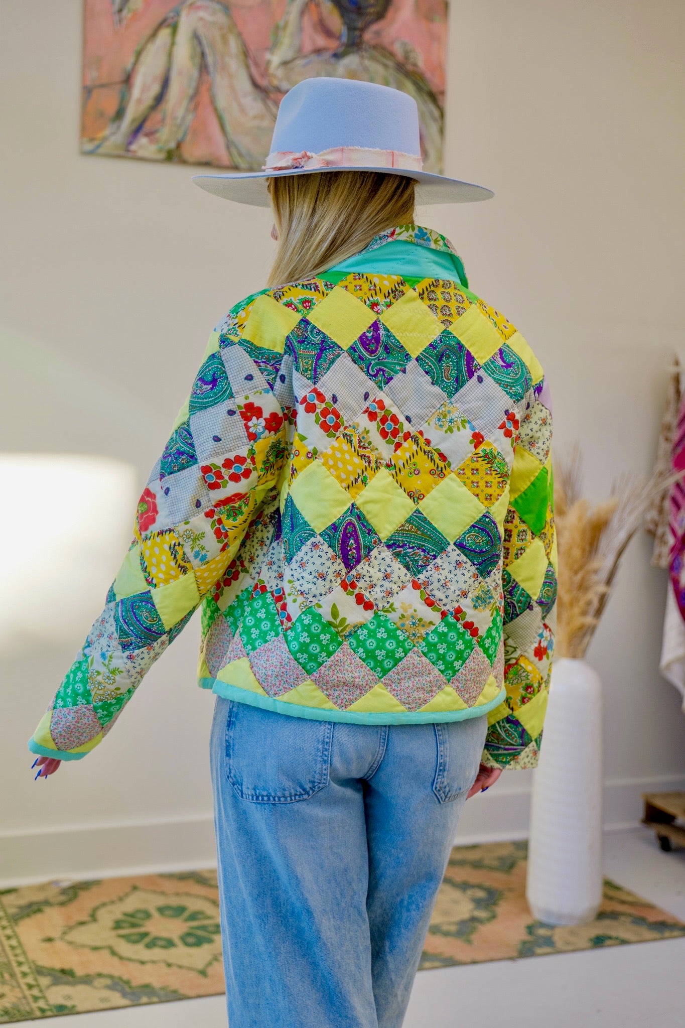 Seafoam & Yellow Checkered Short Quilt Coat