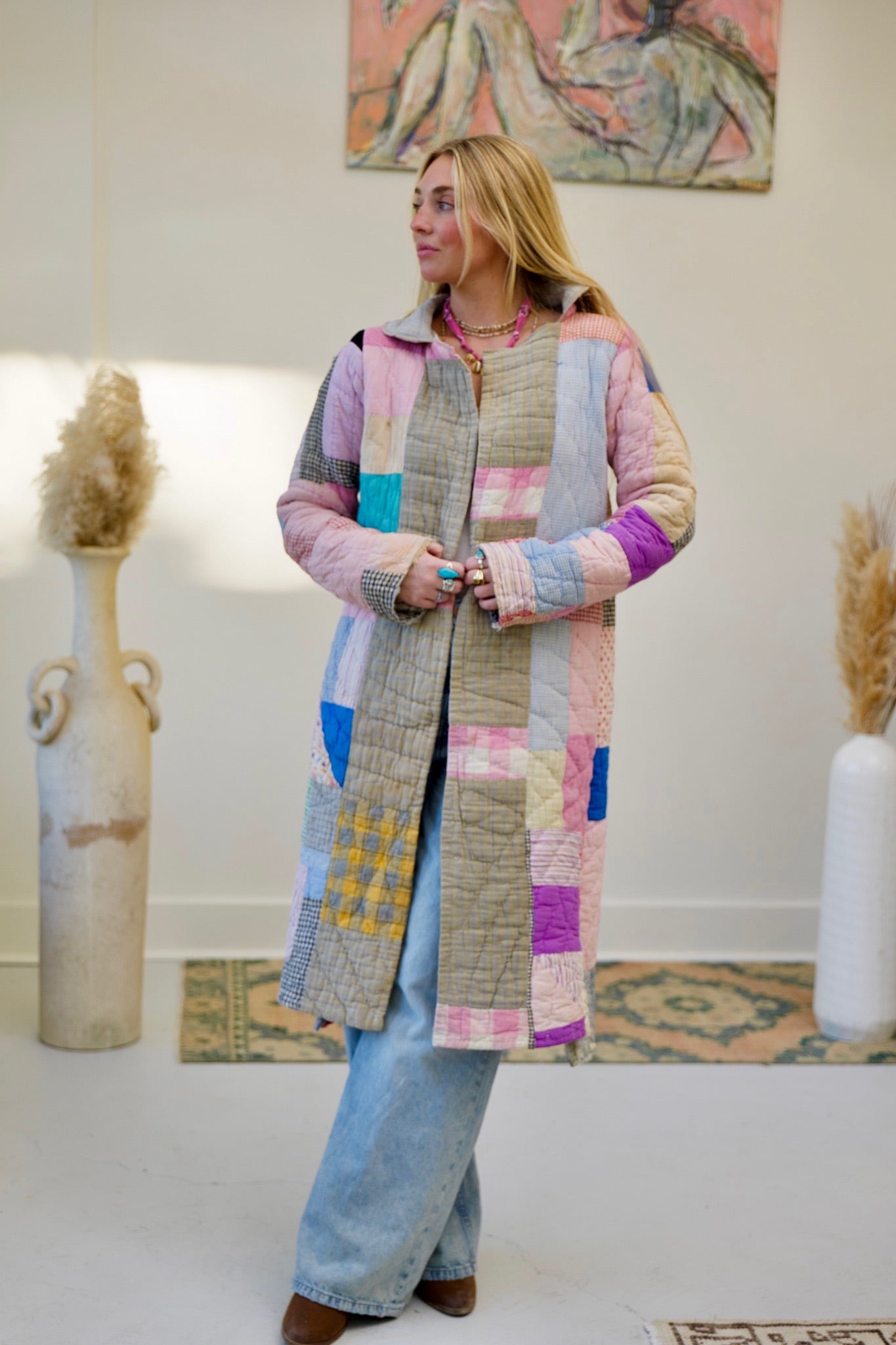 Pink Patchwork Long Quilt Coat