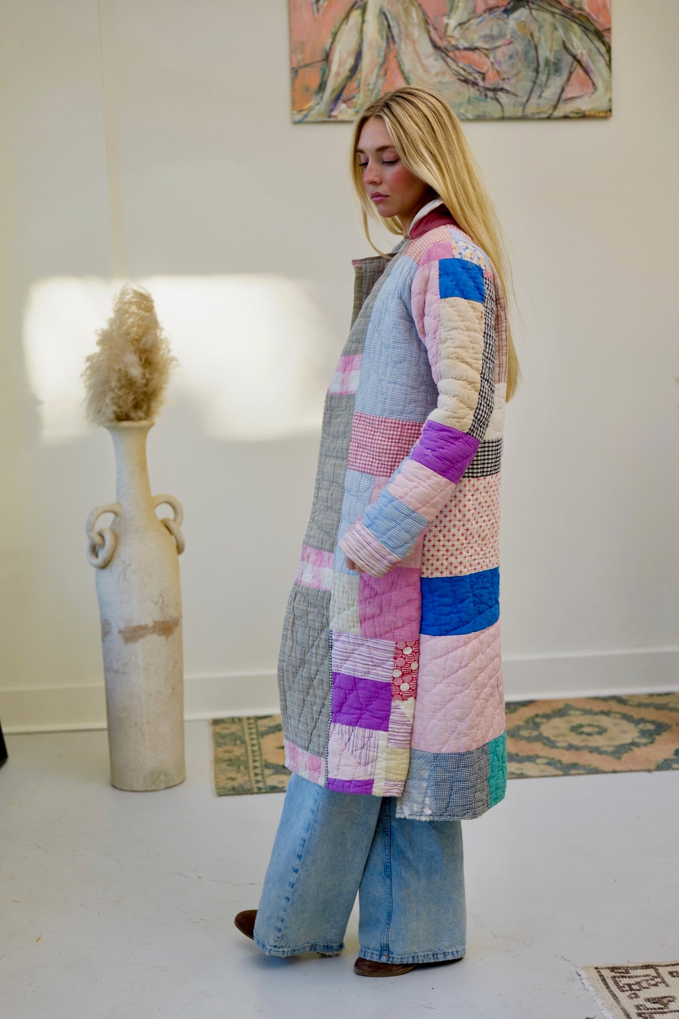 Pink Patchwork Long Quilt Coat