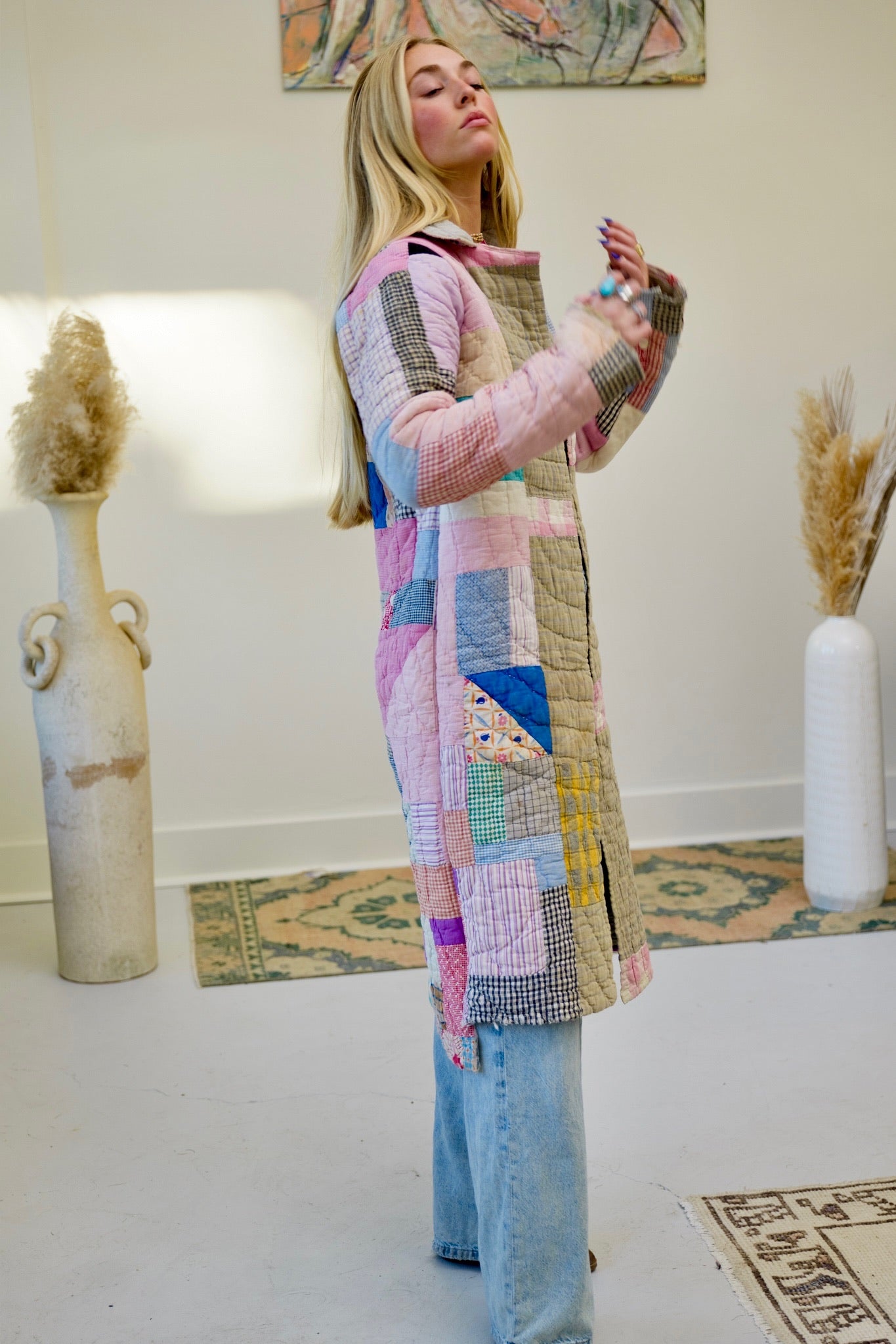 Pink Patchwork Long Quilt Coat