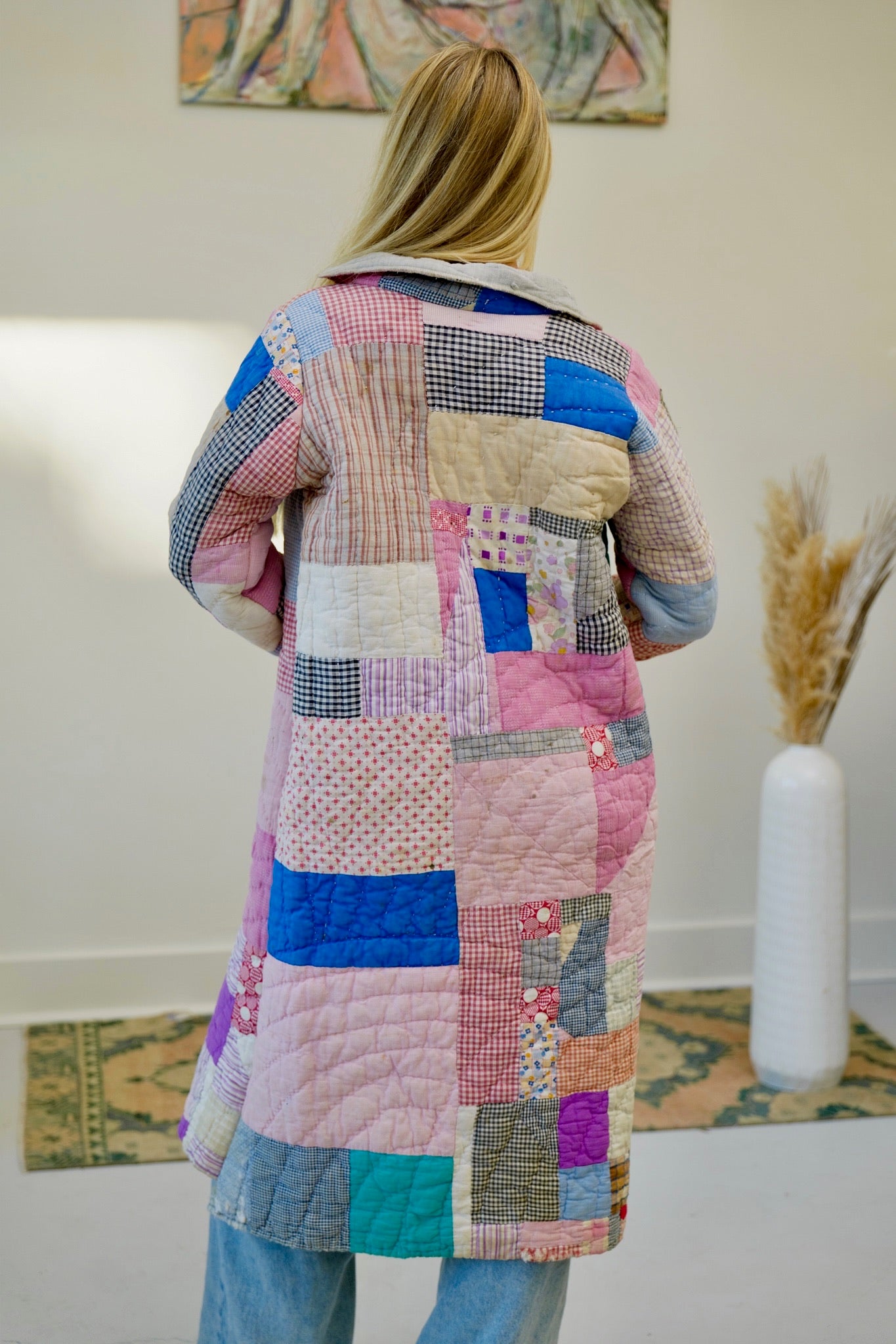 Pink Patchwork Long Quilt Coat