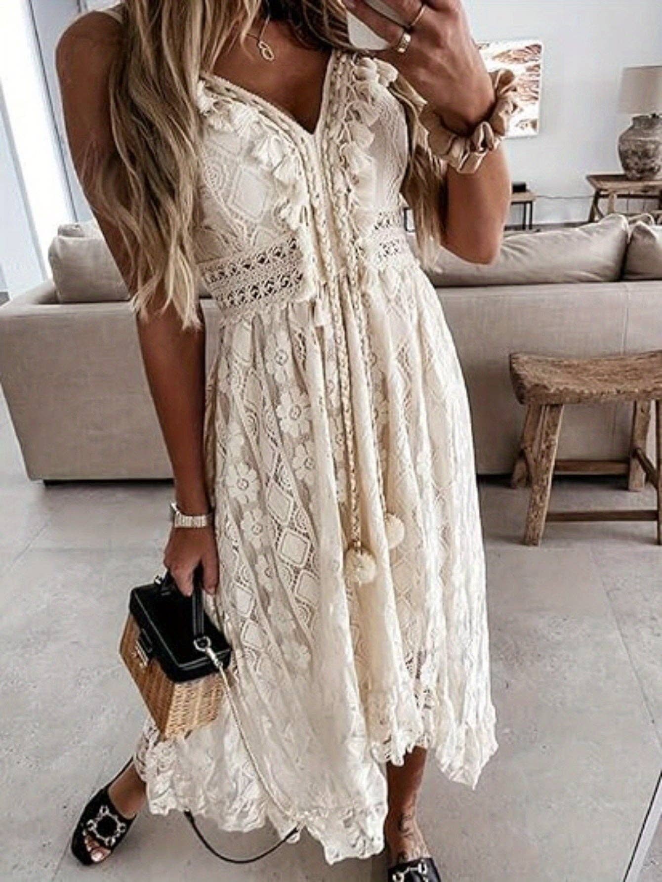 Lace Maxi Dress w/Boho Tassel