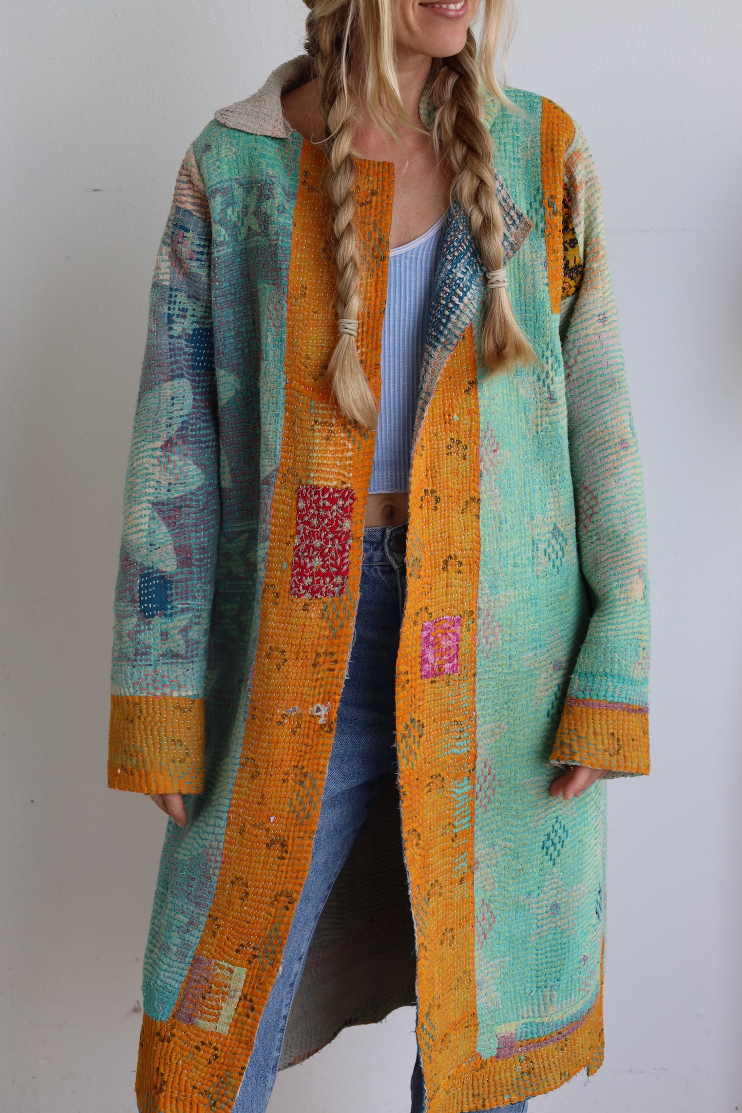 Blue & Gold Kantha Long Coat