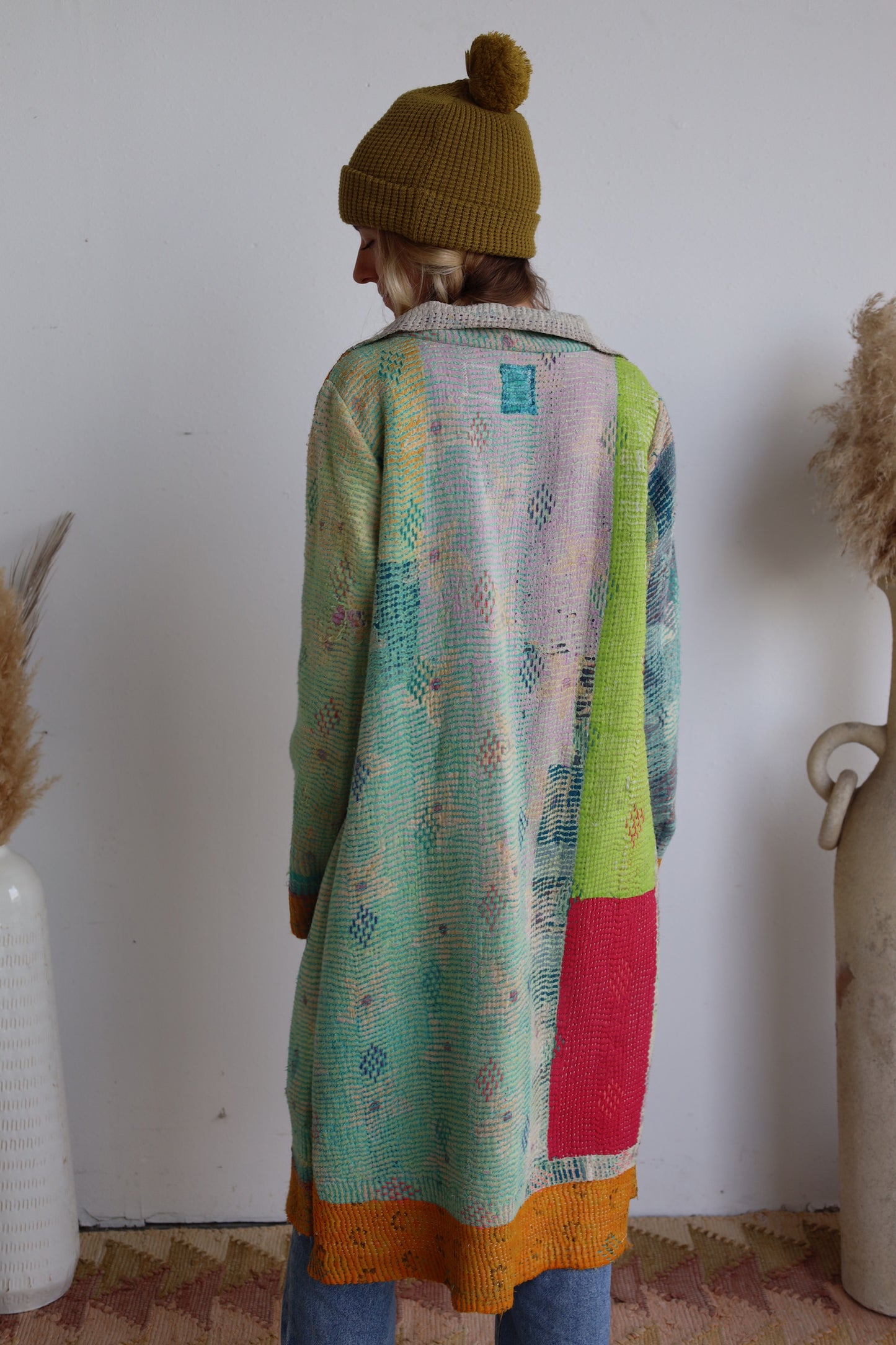 Blue & Gold Kantha Long Coat