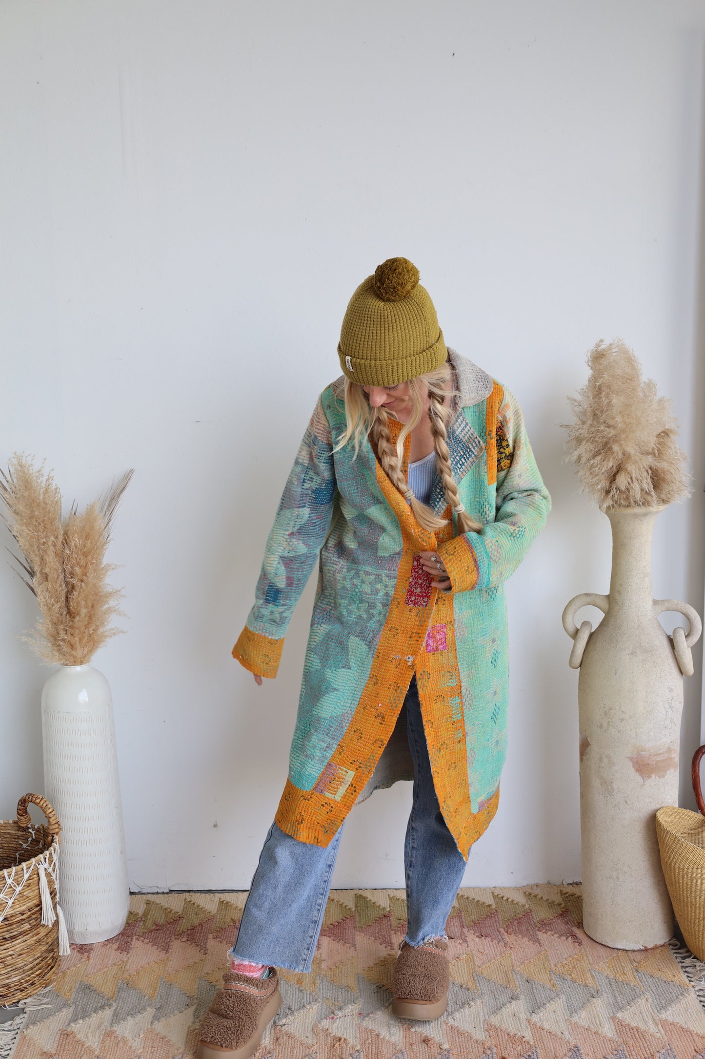 Blue & Gold Kantha Long Coat