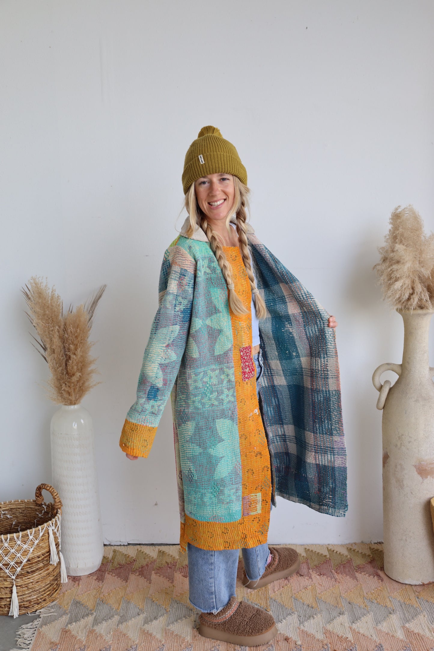 Blue & Gold Kantha Long Coat