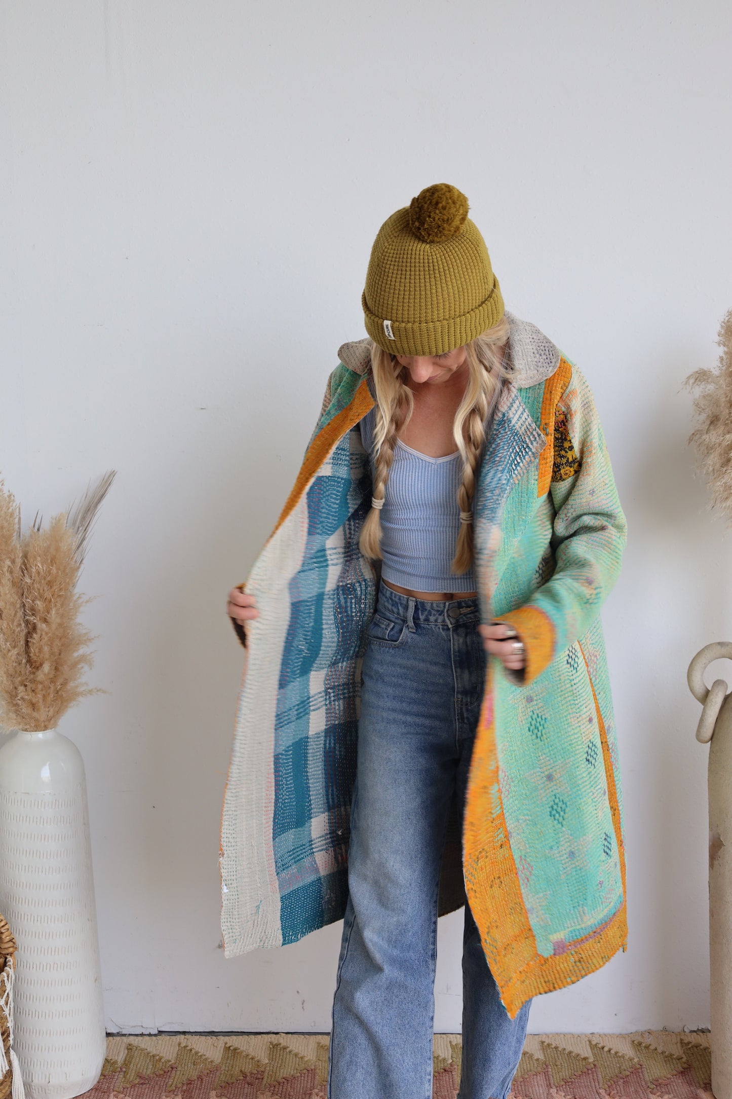 Blue & Gold Kantha Long Coat