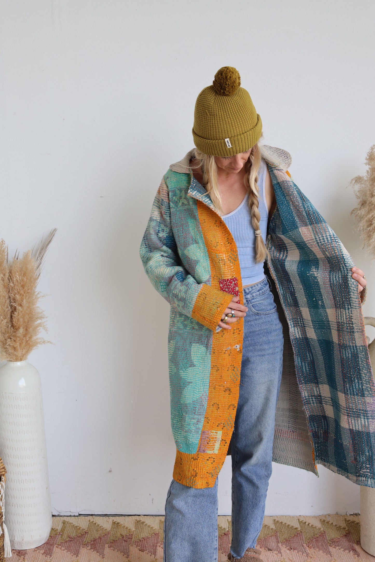 Blue & Gold Kantha Long Coat