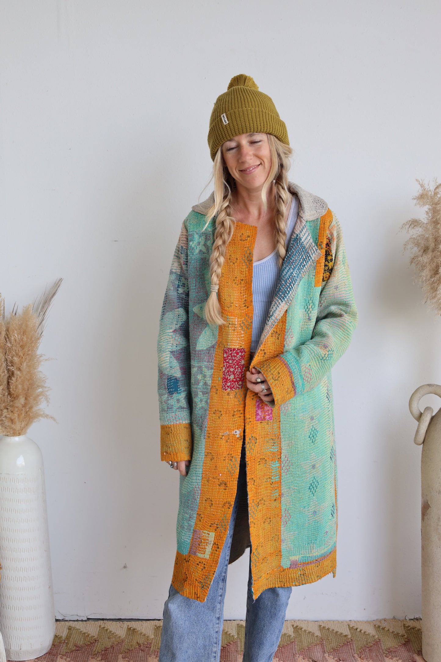 Blue & Gold Kantha Long Coat