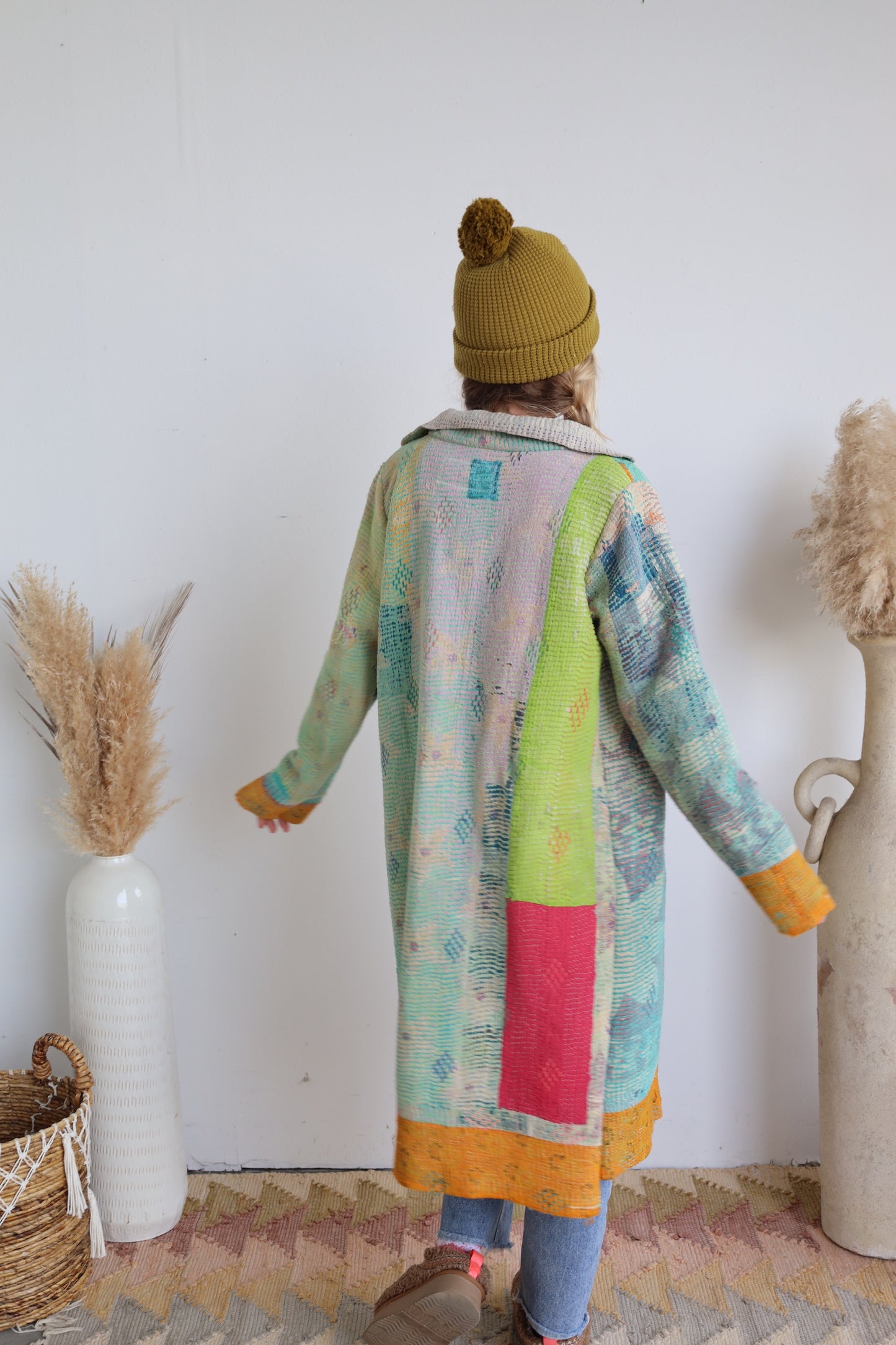 Blue & Gold Kantha Long Coat