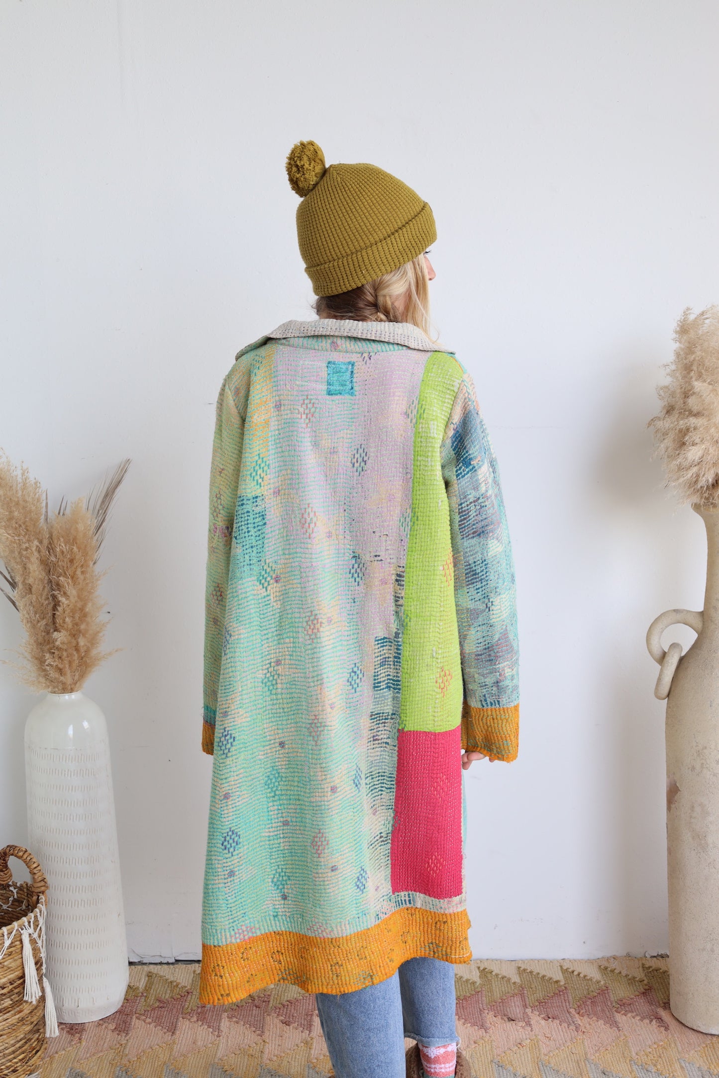 Blue & Gold Kantha Long Coat