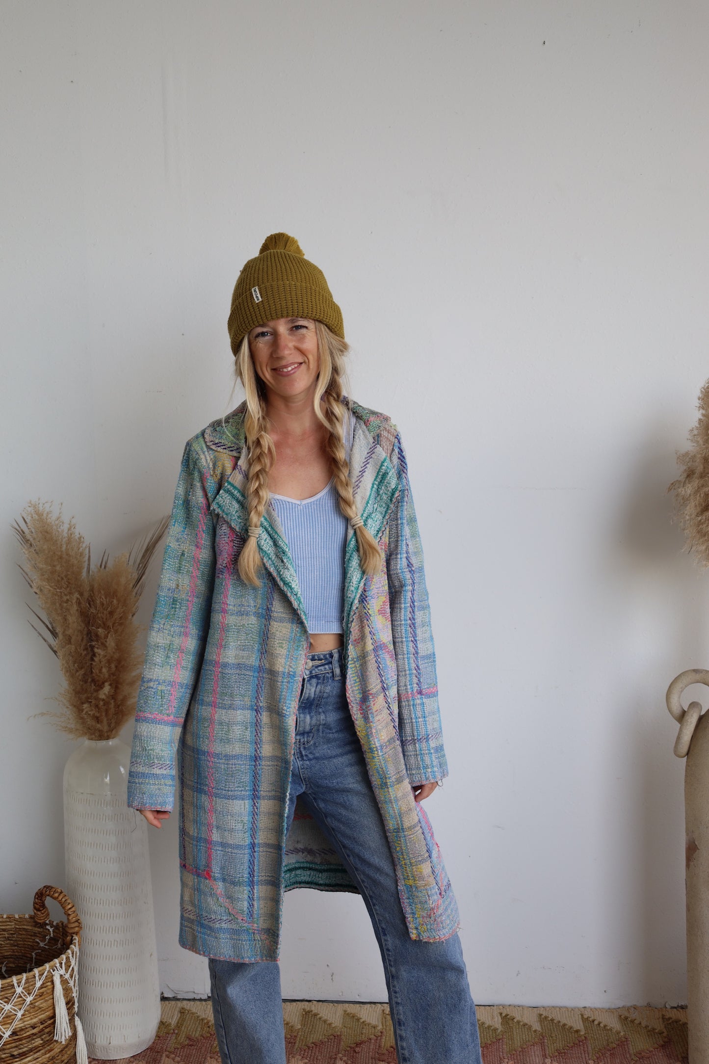 Blue & Pink Kantha Long Coat