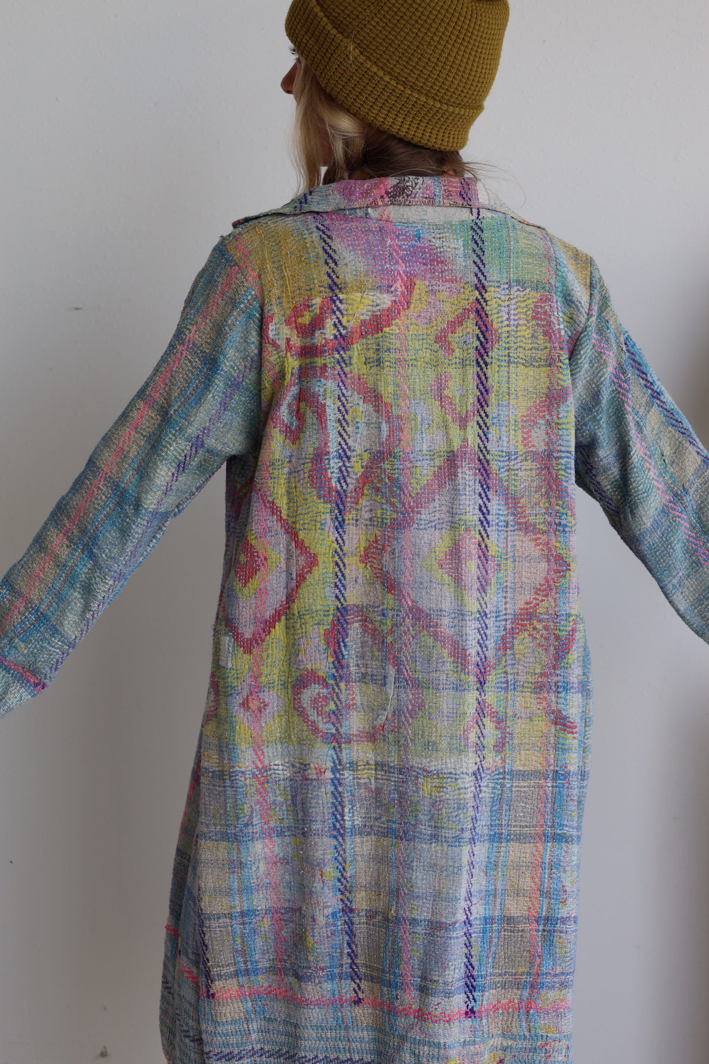 Blue & Pink Kantha Long Coat