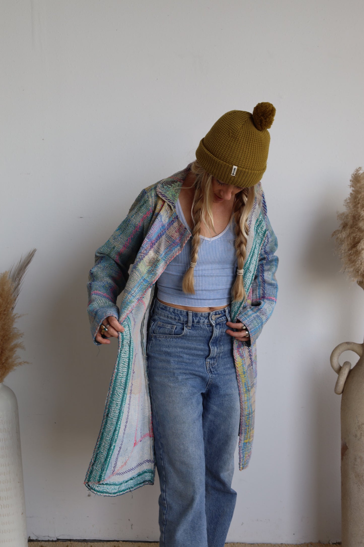 Blue & Pink Kantha Long Coat