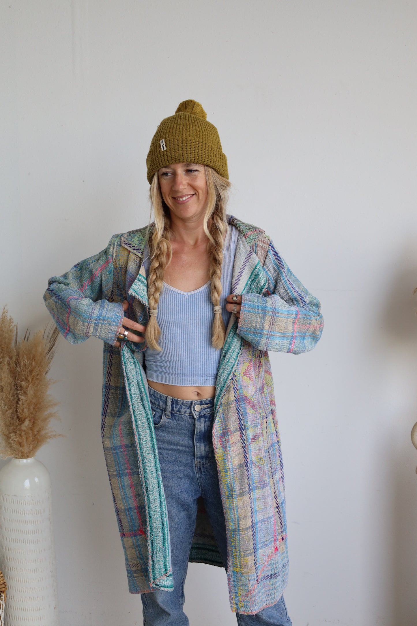 Blue & Pink Kantha Long Coat